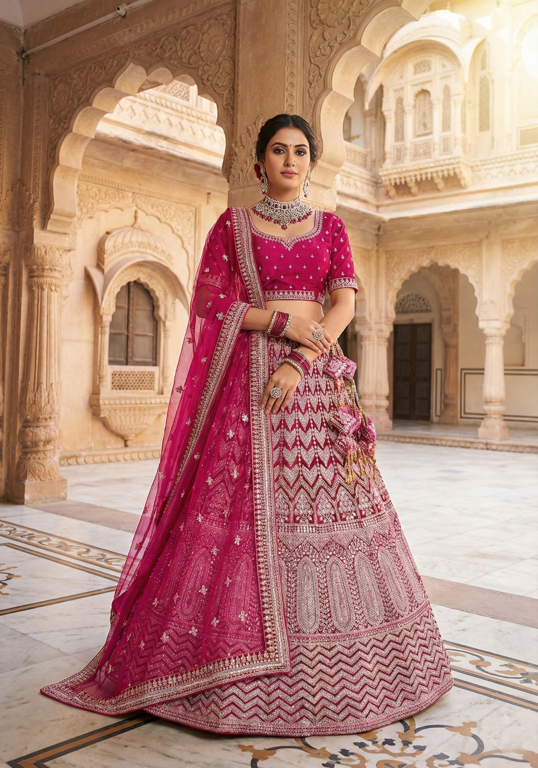 Rani Pink Embellished Premium Velvet Lehenga Set