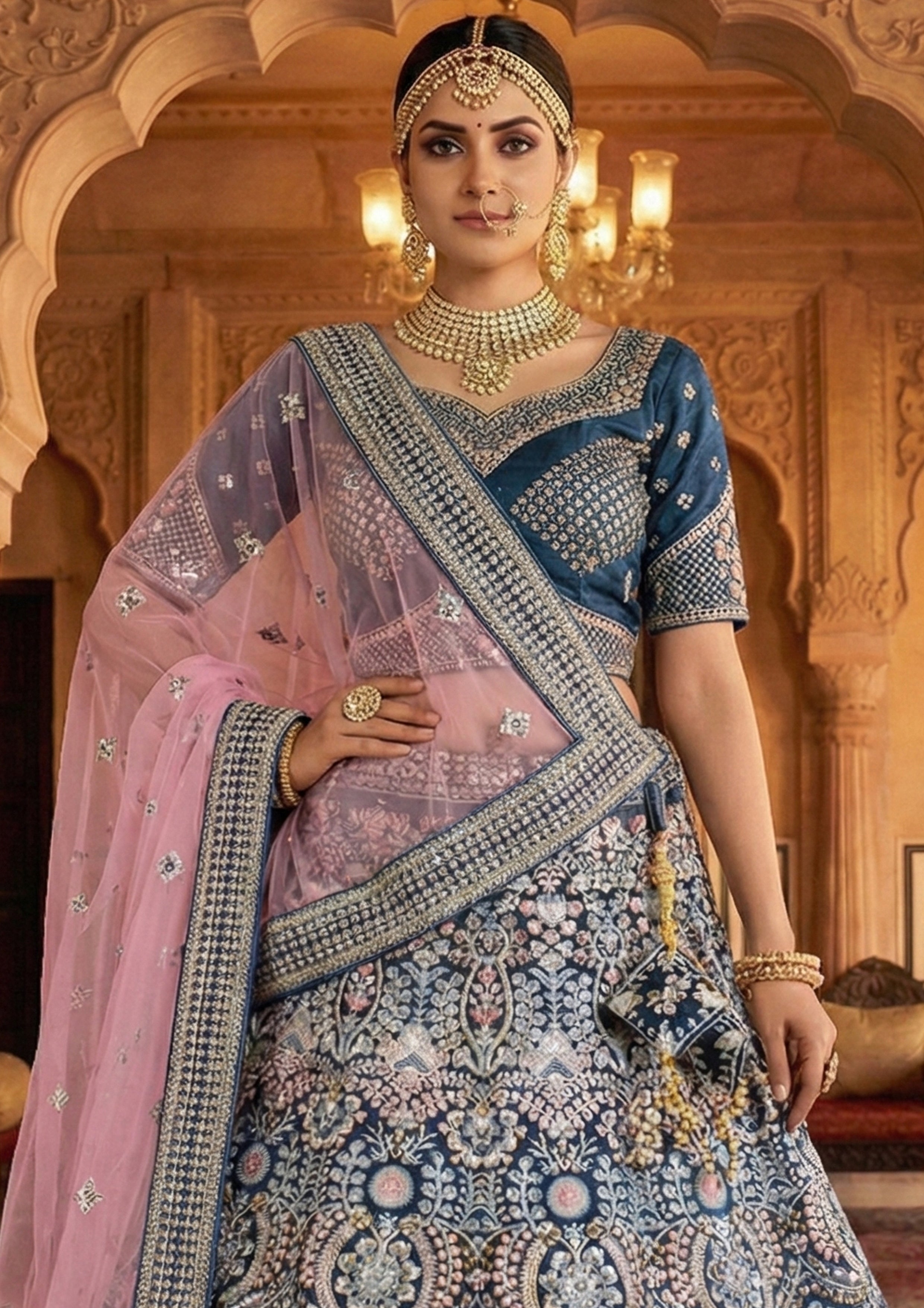 Dark Teal Embellished Premium Velvet Lehenga Set