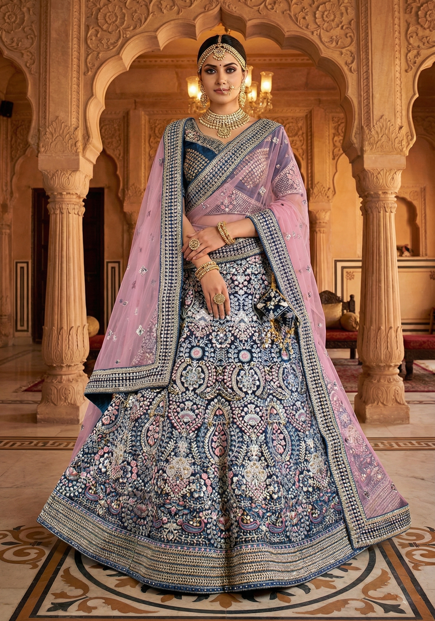 Dark Teal Embellished Premium Velvet Lehenga Set