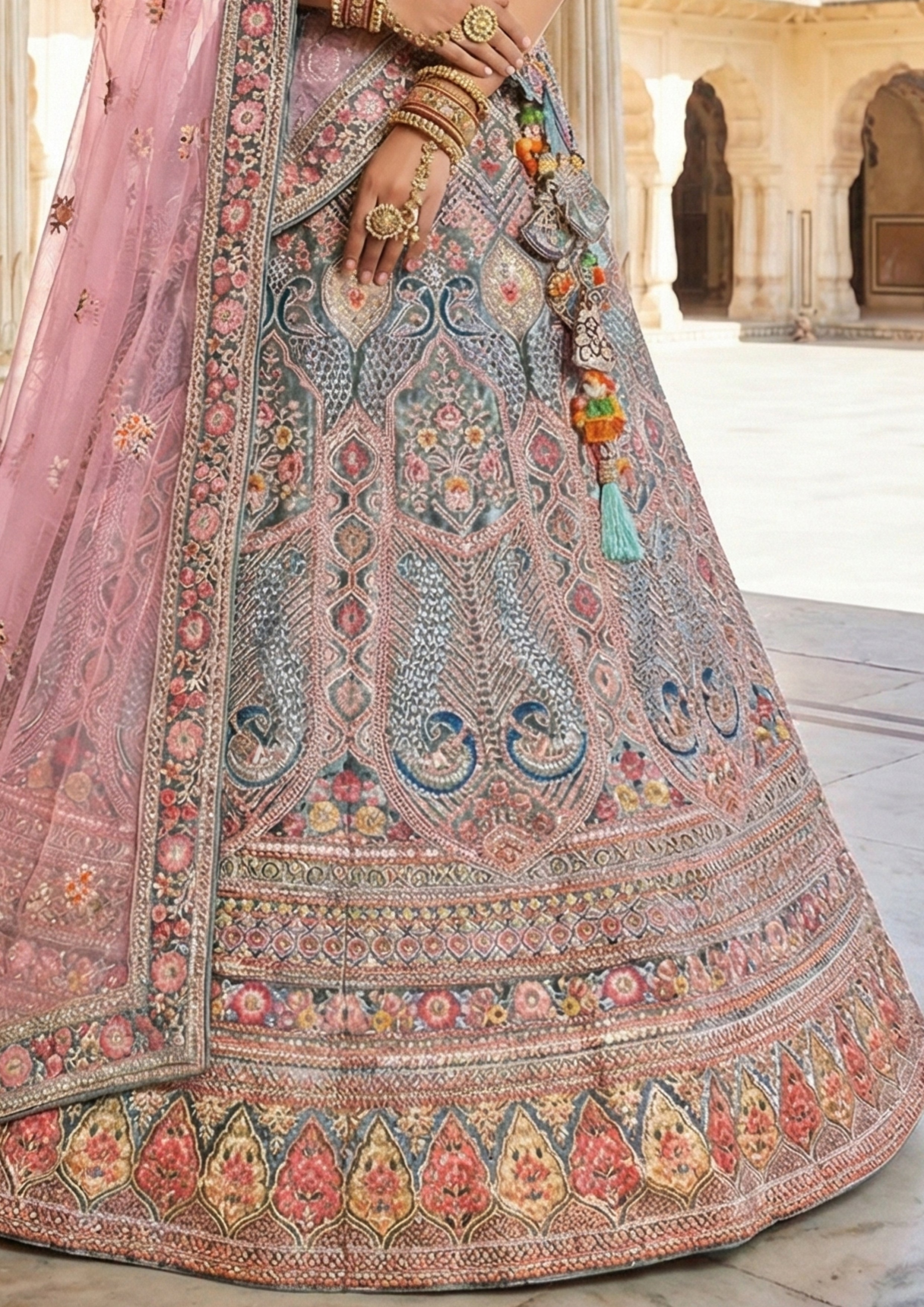 Teal Blush Embellished Premium Velvet Lehenga Set