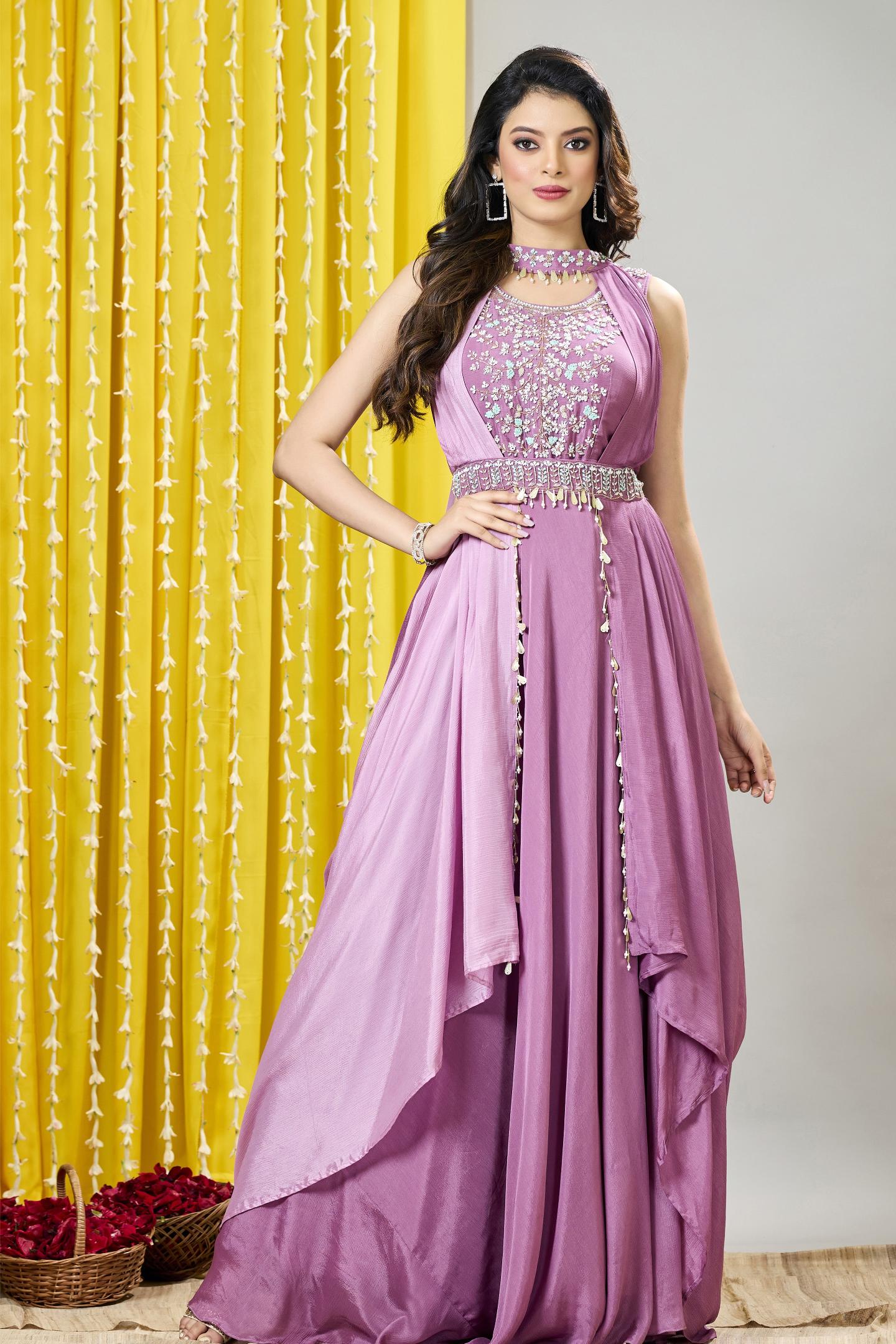 Bright Lilac Embellished Premium Chinon Silk Draped Gown