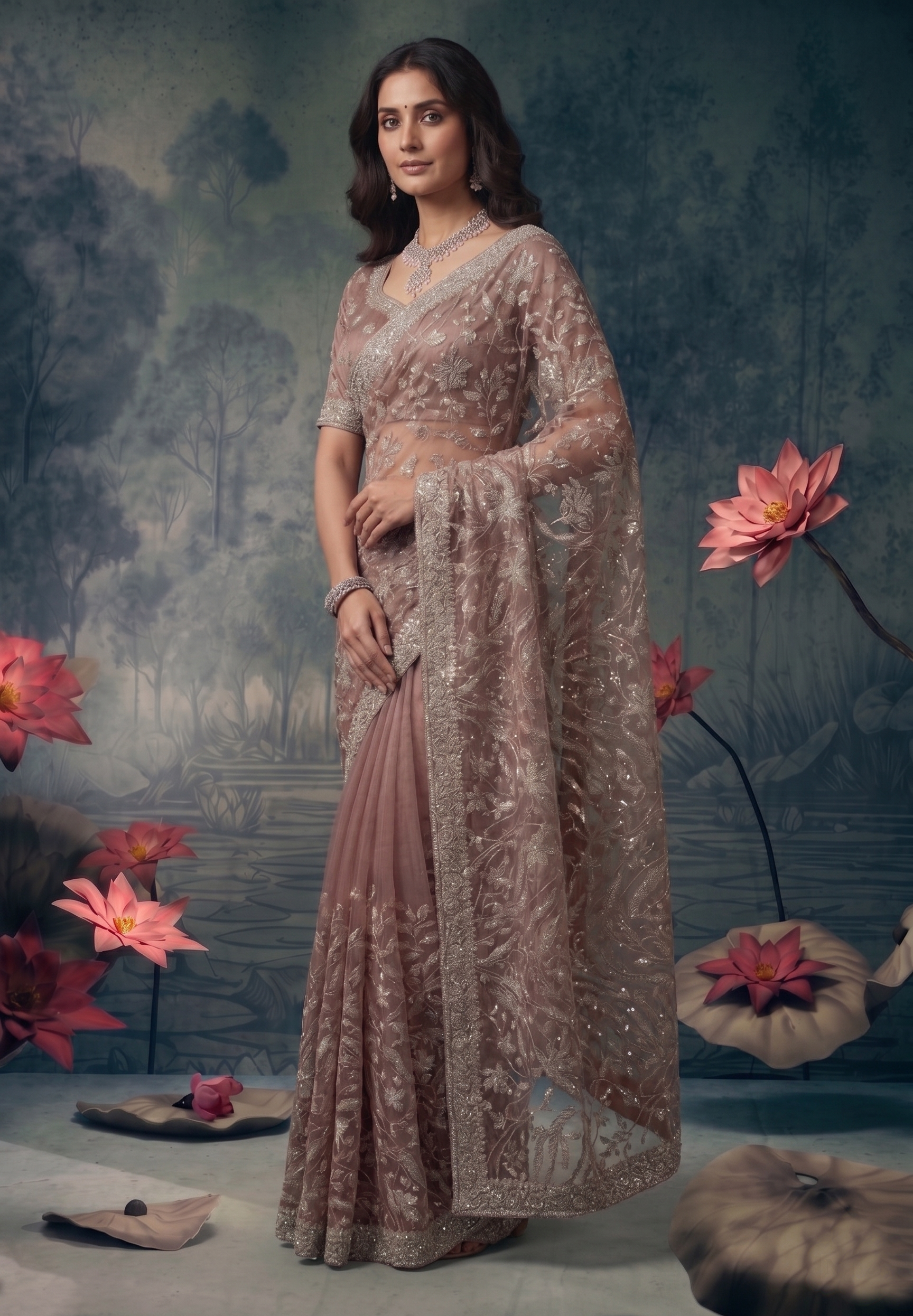 Mauve Mist Embellished Premium Net Saree