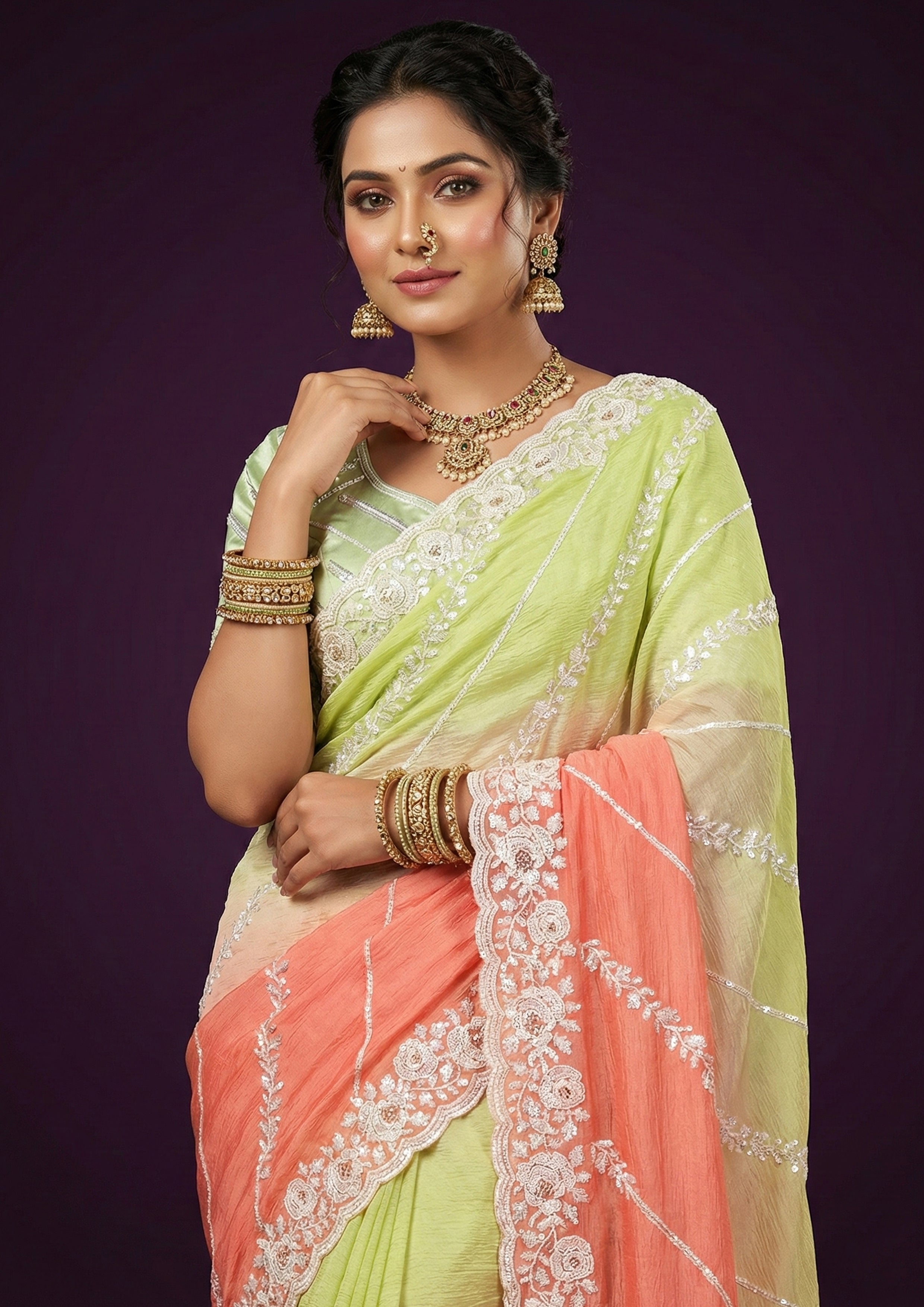 Lime & Peach Ombre Embellished Crushed Silk Saree