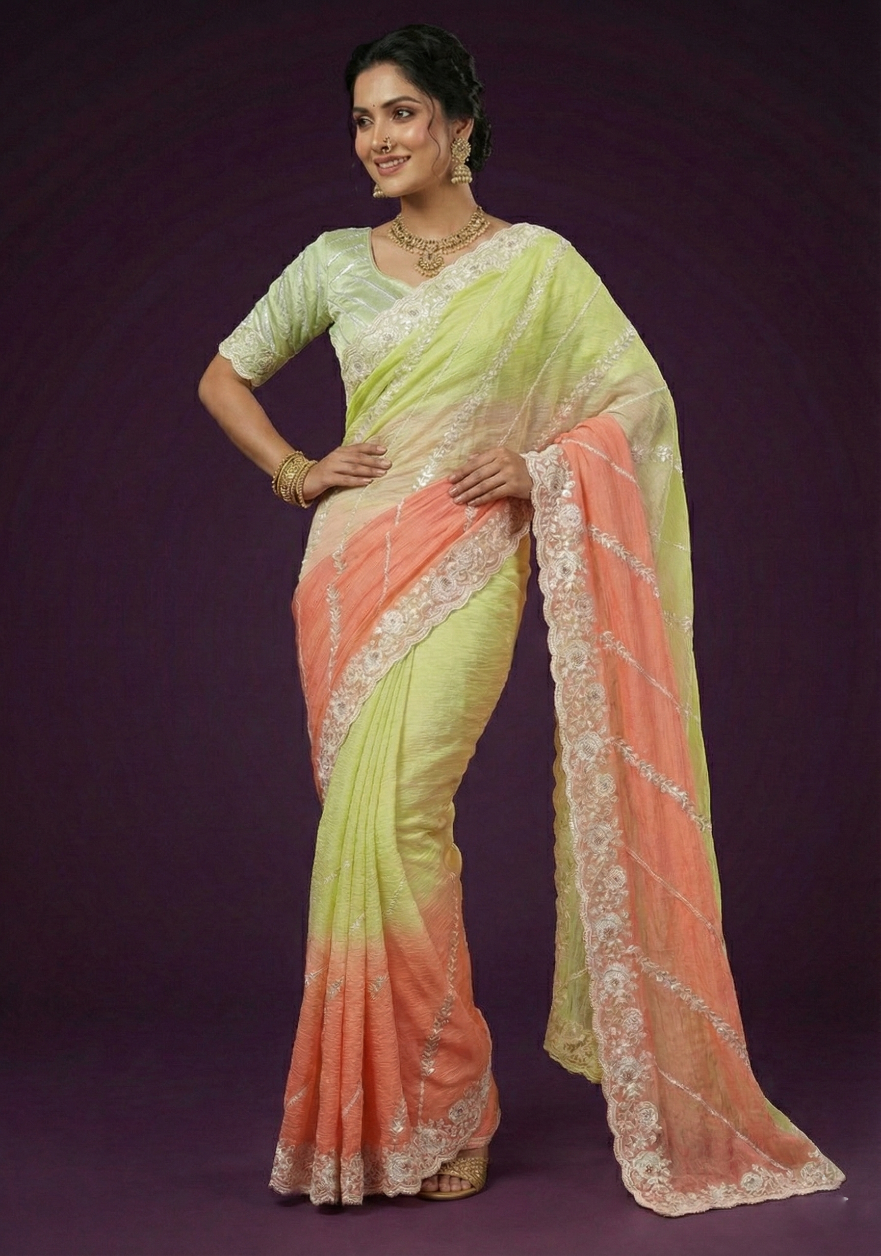 Lime & Peach Ombre Embellished Crushed Silk Saree
