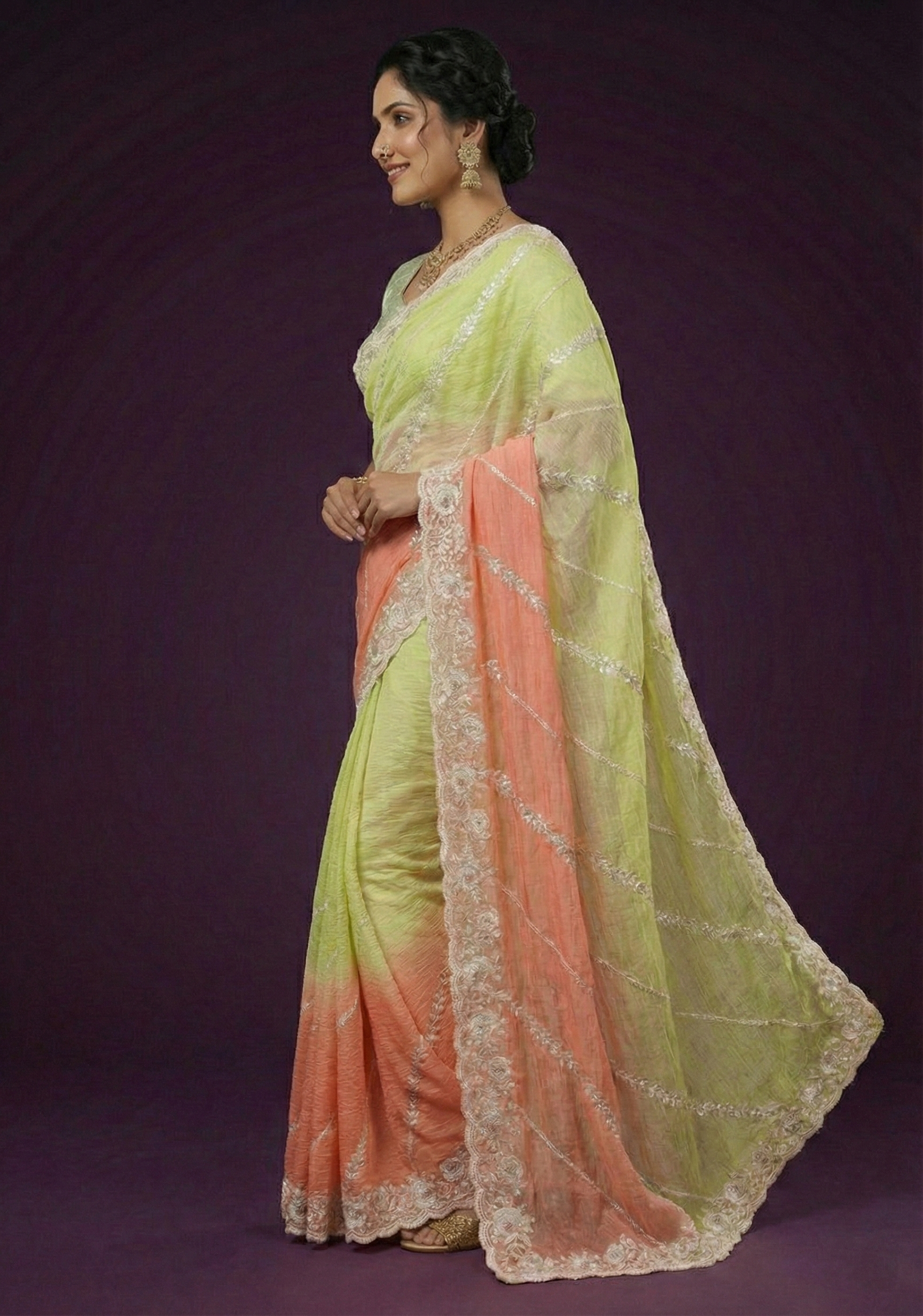 Lime & Peach Ombre Embellished Crushed Silk Saree