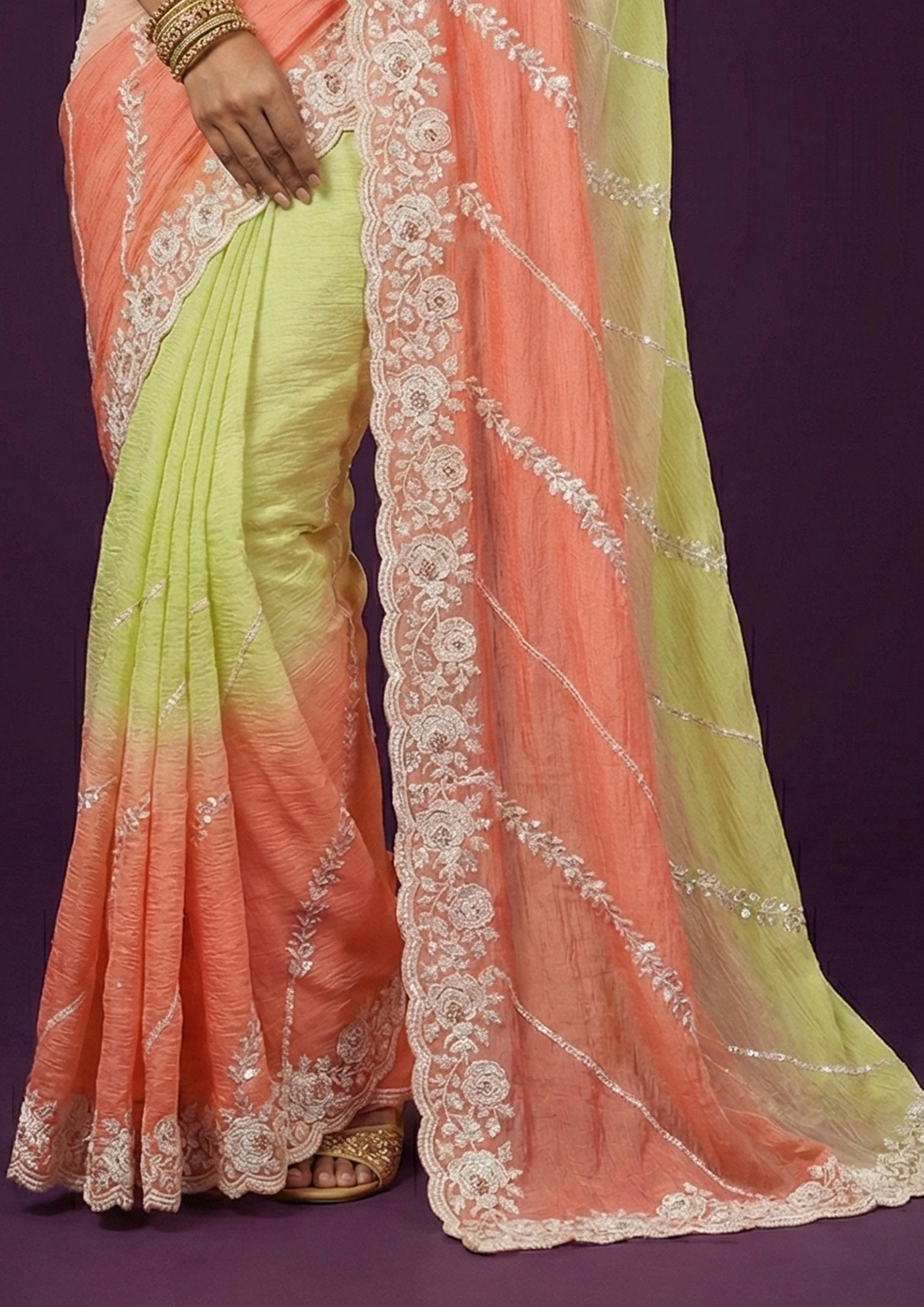 Lime & Peach Ombre Embellished Crushed Silk Saree