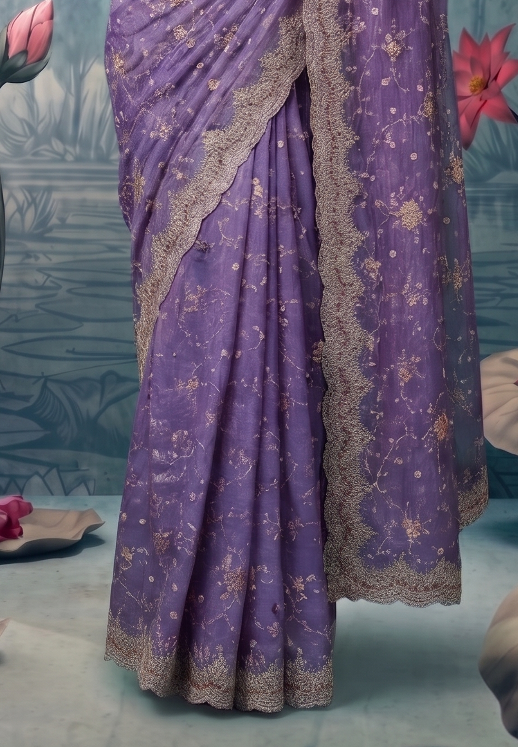 Lavish Lavender Embellished Premium Net Saree