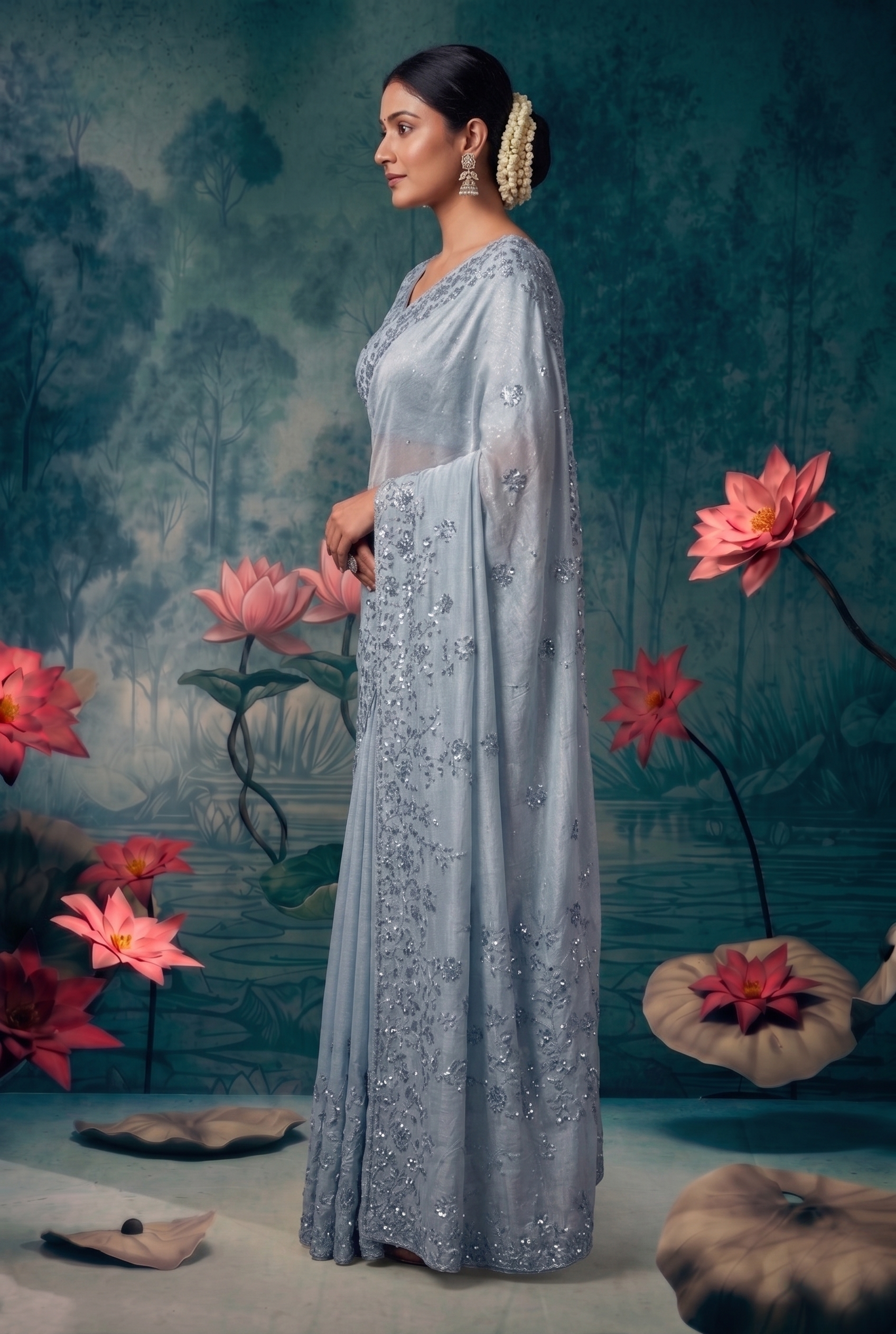Icy Blue Embellished Organza Tissue Silk Saree