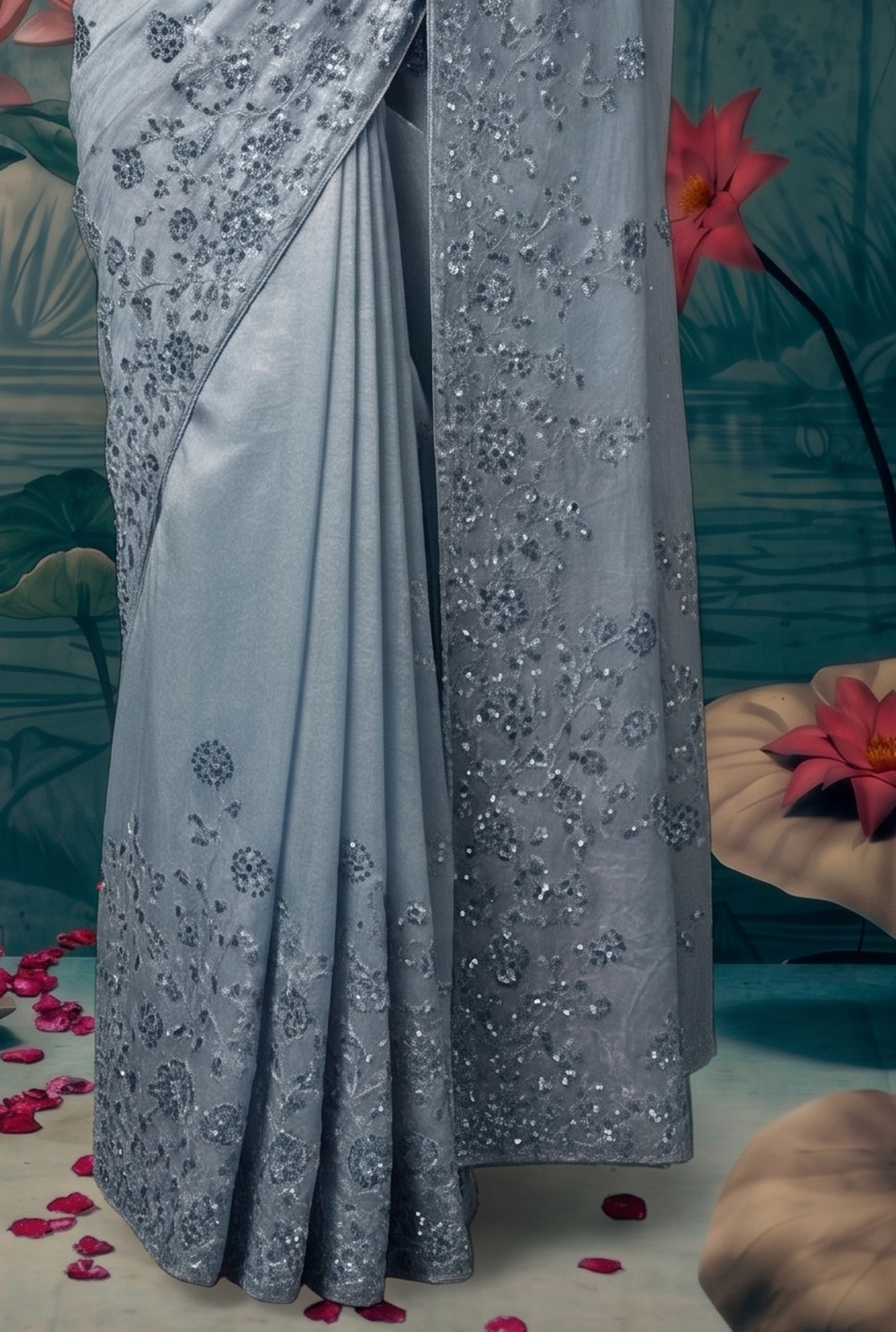 Icy Blue Embellished Organza Tissue Silk Saree
