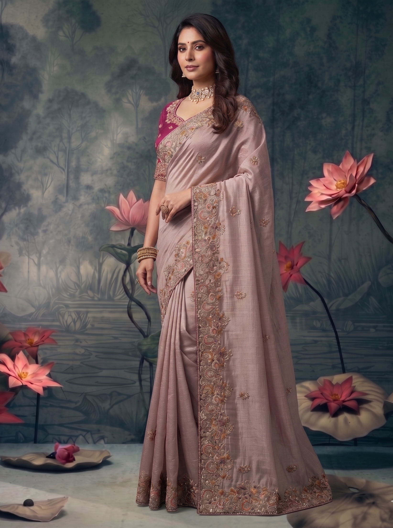 Mauve Dust Embellished Tissue Silk Saree