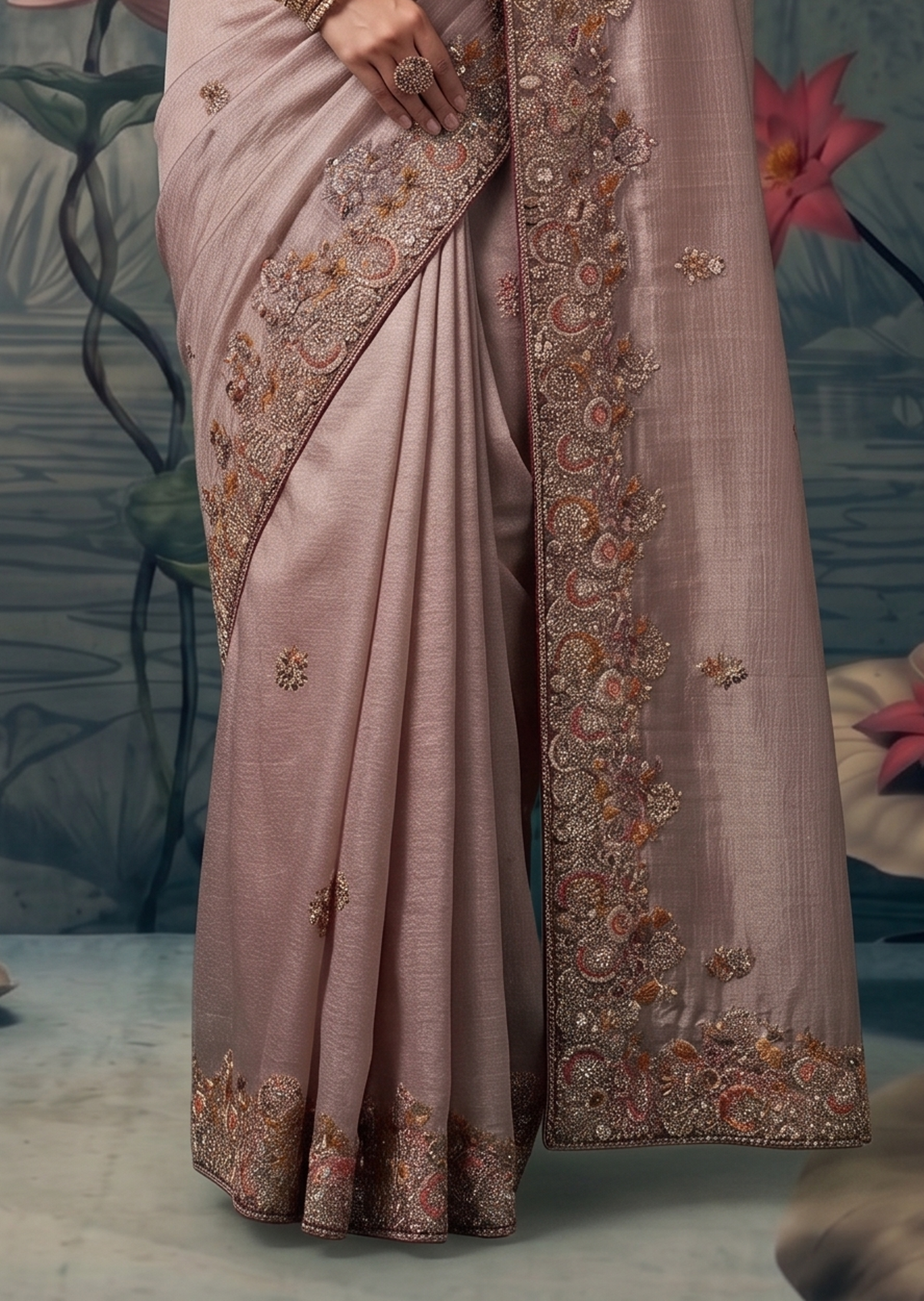 Mauve Dust Embellished Tissue Silk Saree