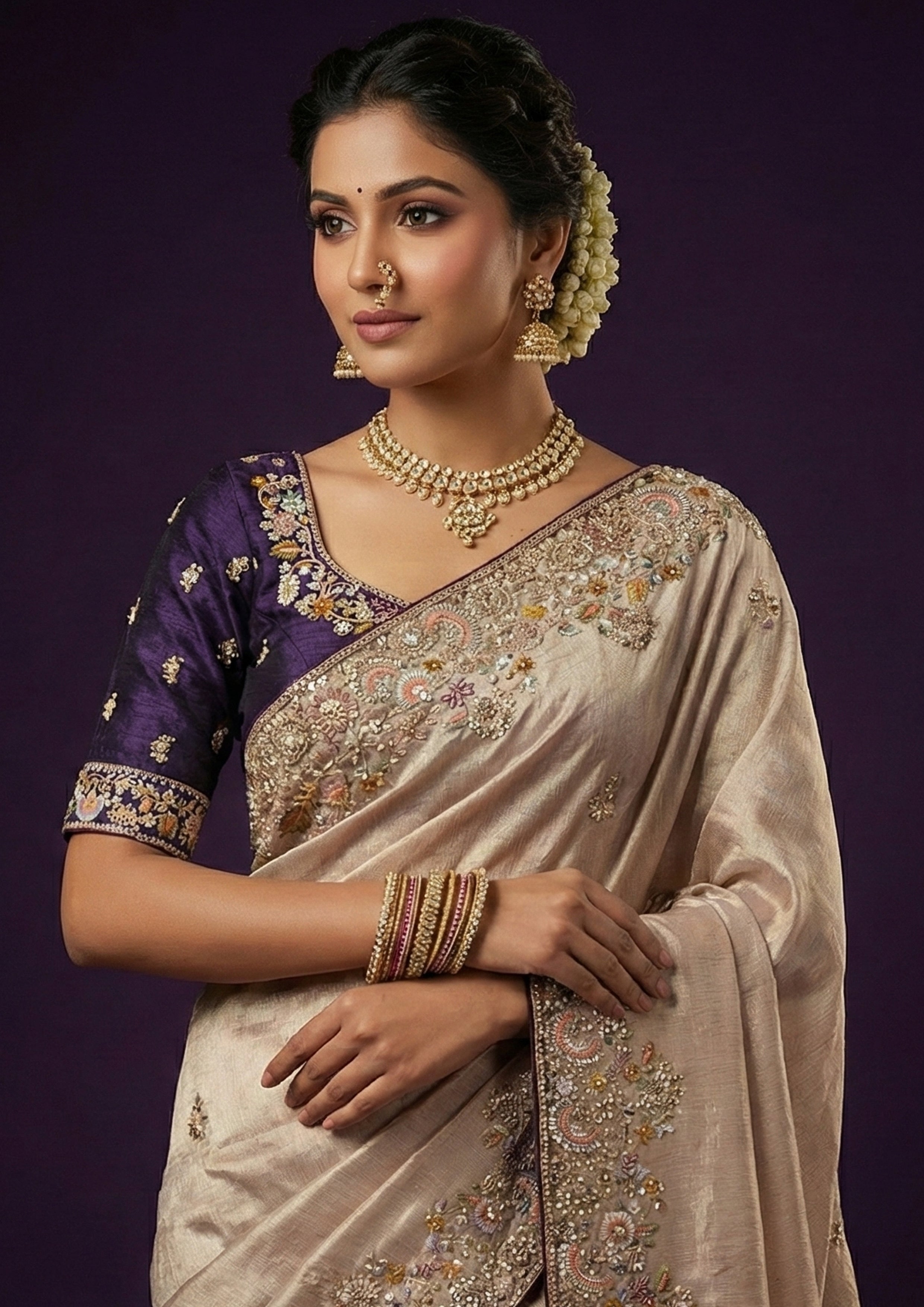 Champagne Gold Embellished Tissue Silk Saree