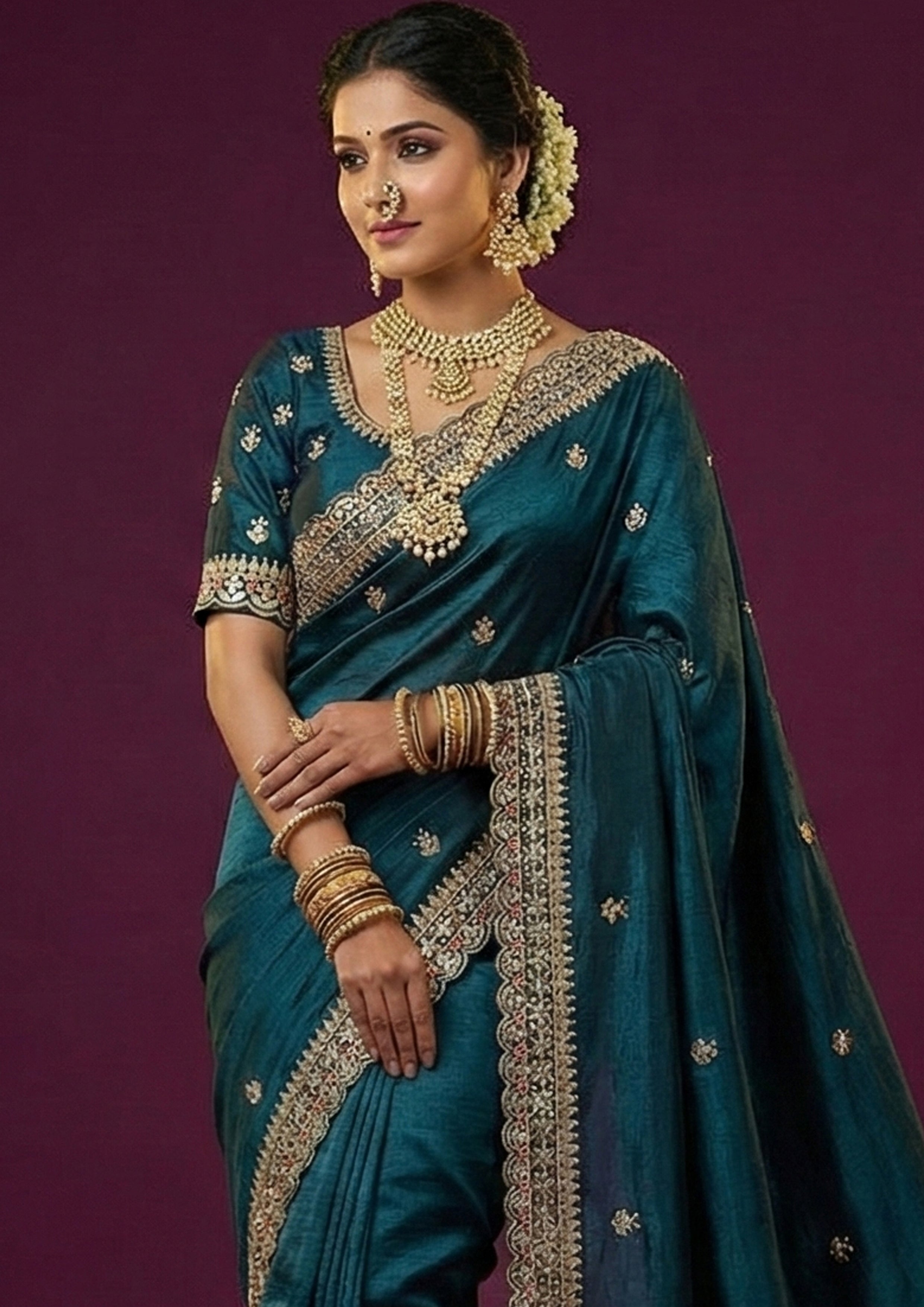 Deep Peacock Blue Embellished Tissue Silk Saree