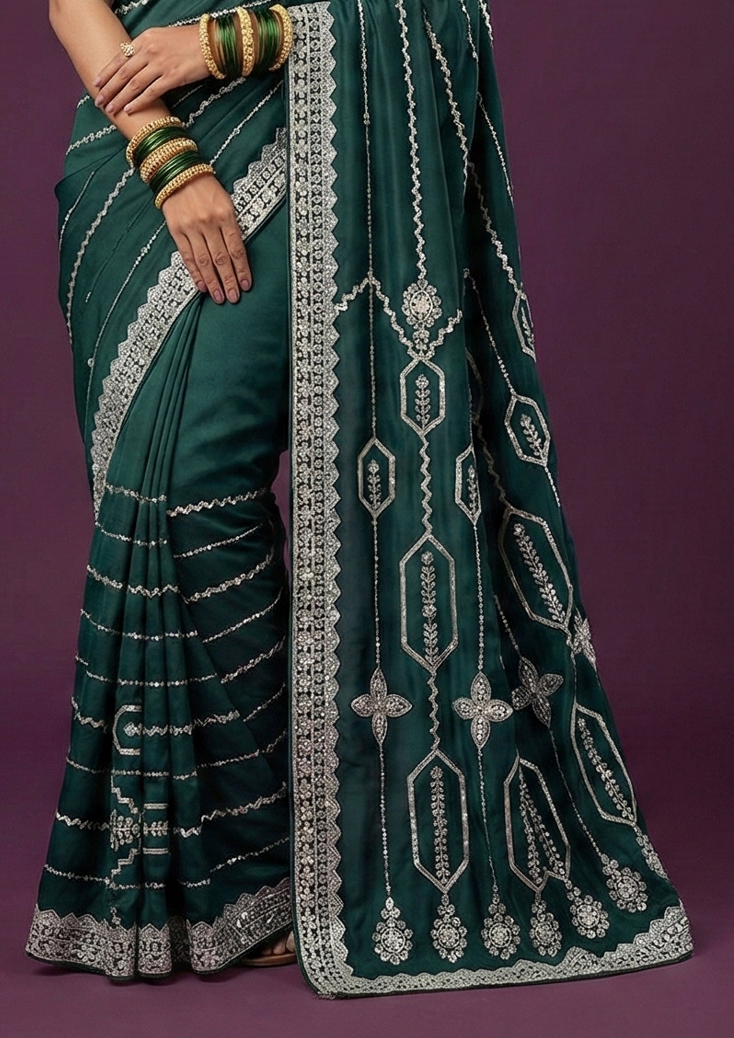 Emerald Green Embellished Satin Silk Saree