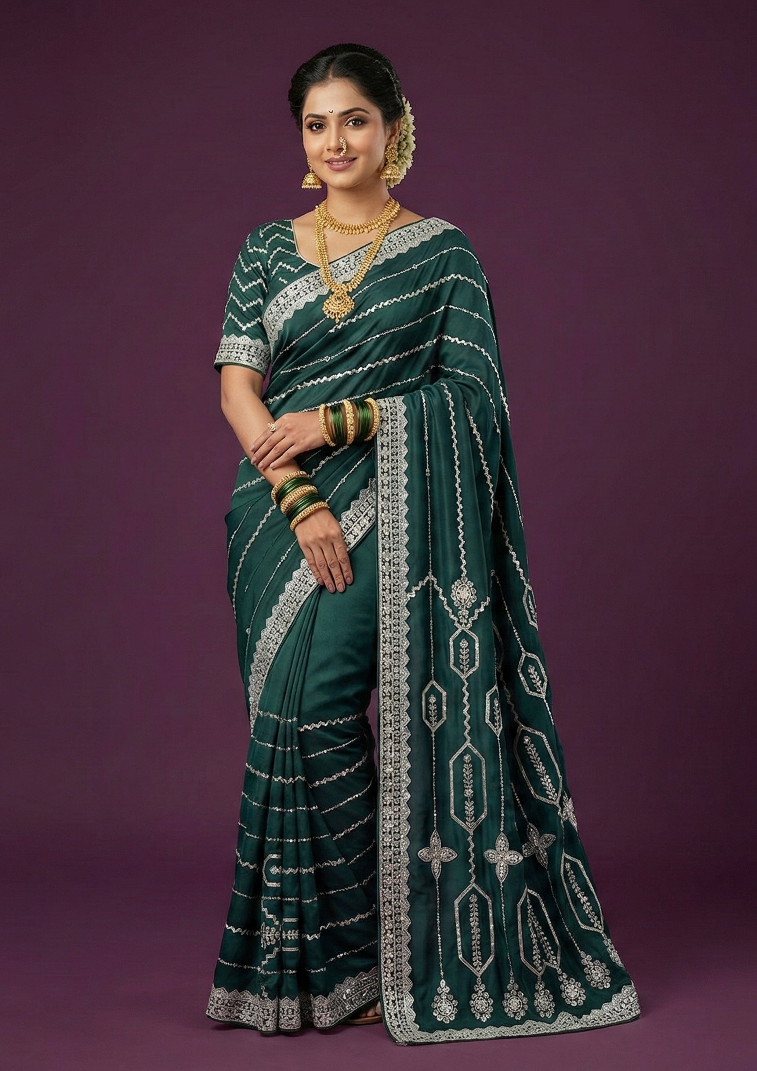 Emerald Green Embellished Satin Silk Saree