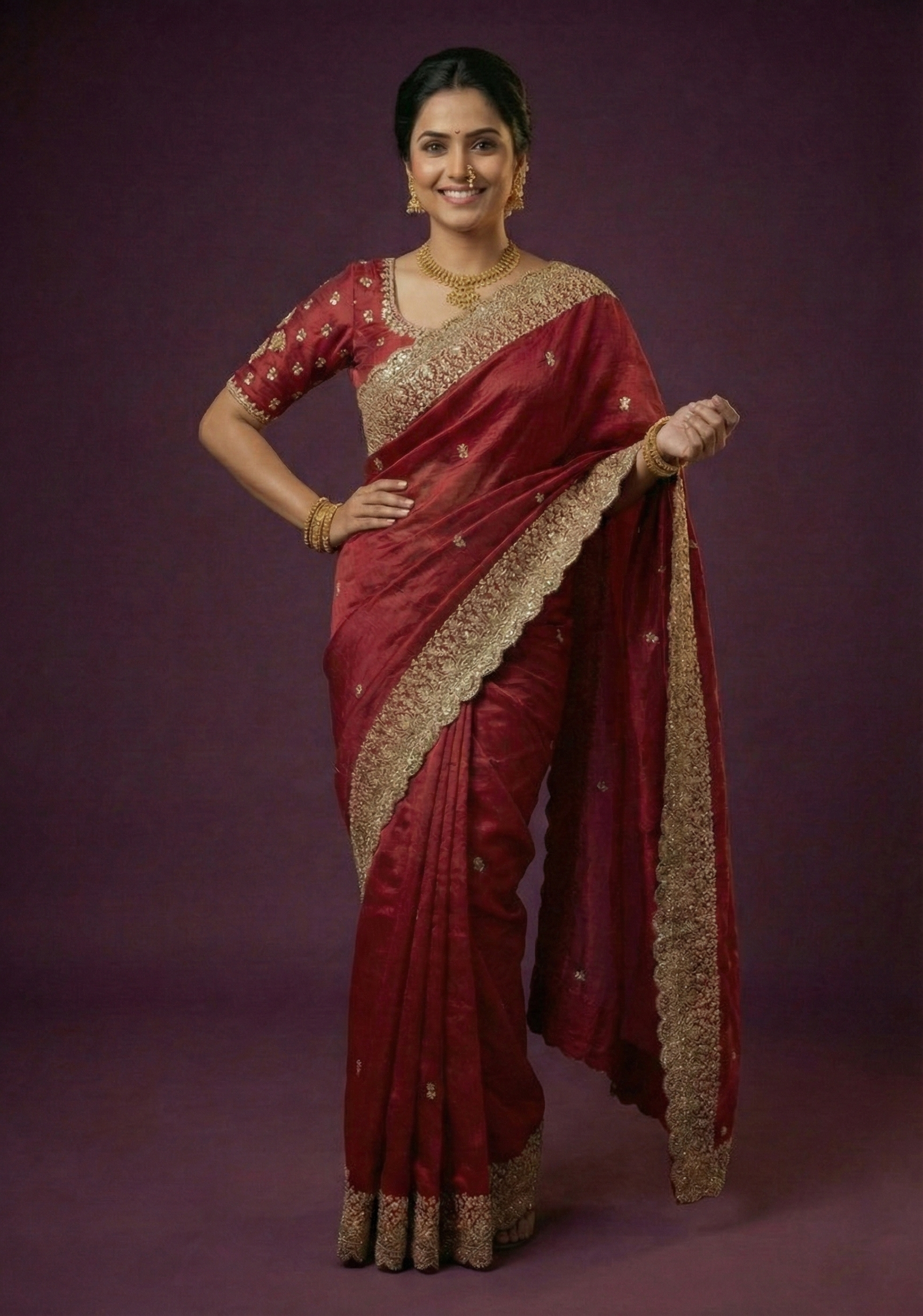 Ruby Red Embroidered Satin Silk Saree