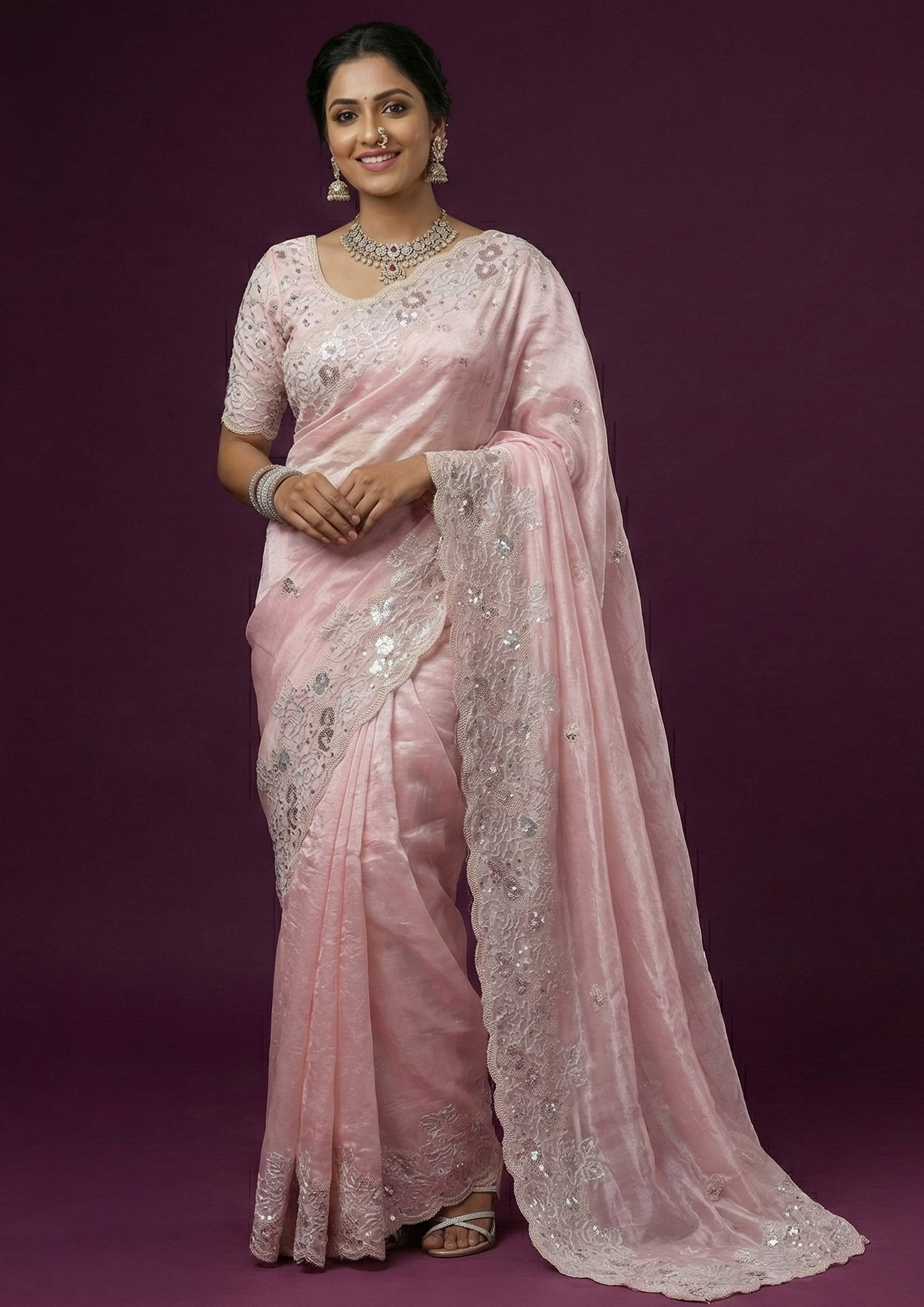 Rose Quartz Embellished Premium Net Saree
