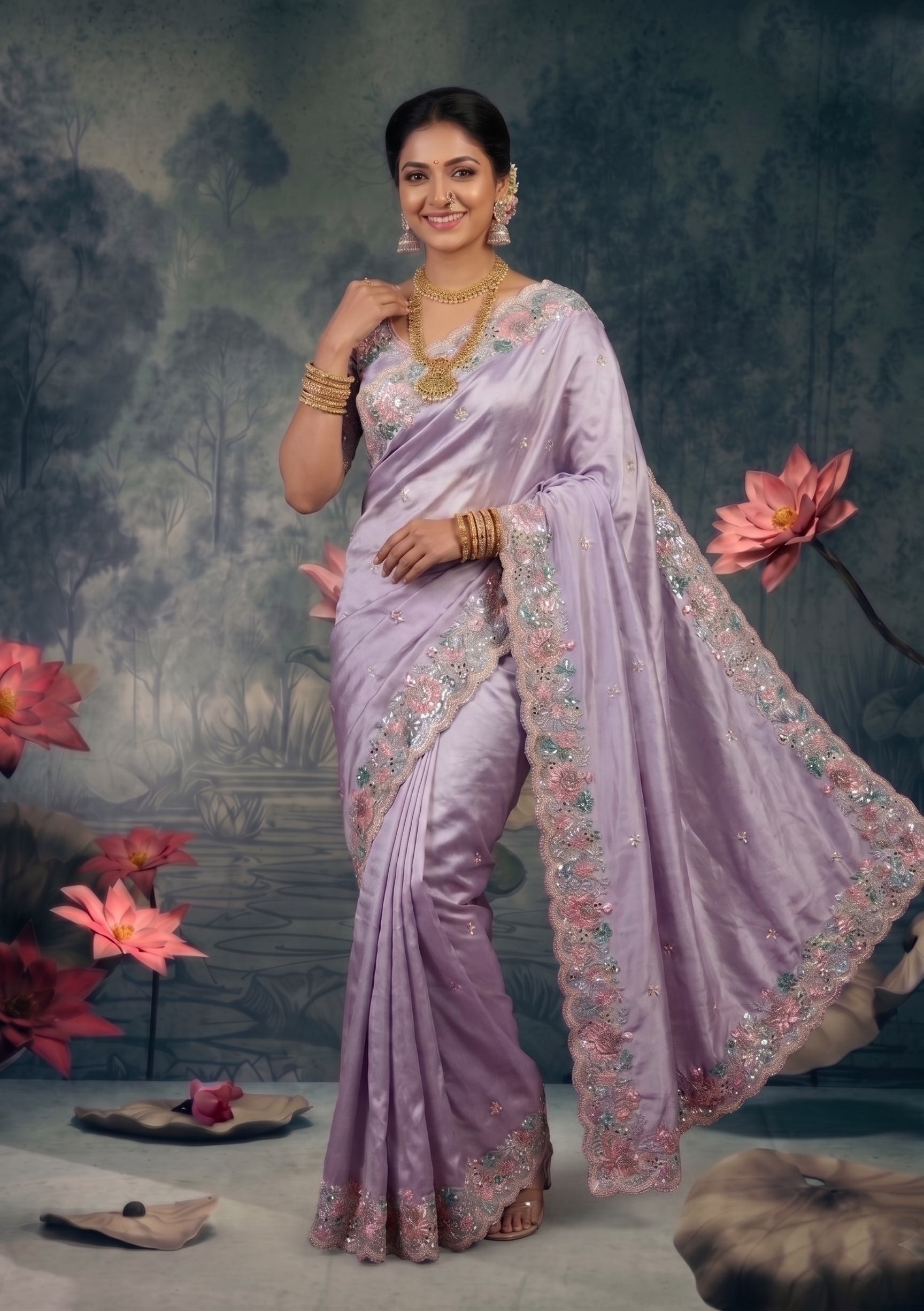 Flora Lilac Embellished Satin Silk Saree