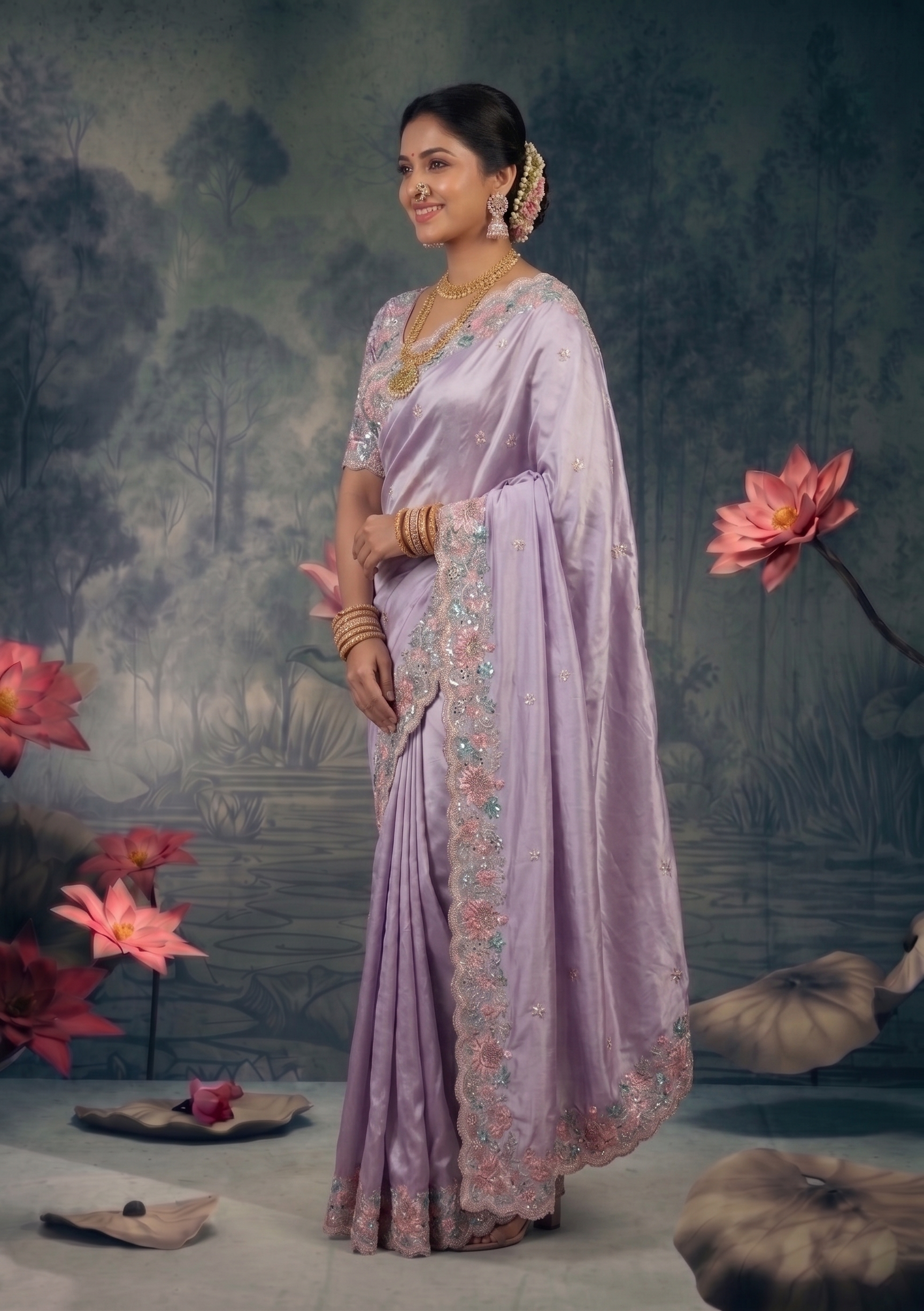 Flora Lilac Embellished Satin Silk Saree