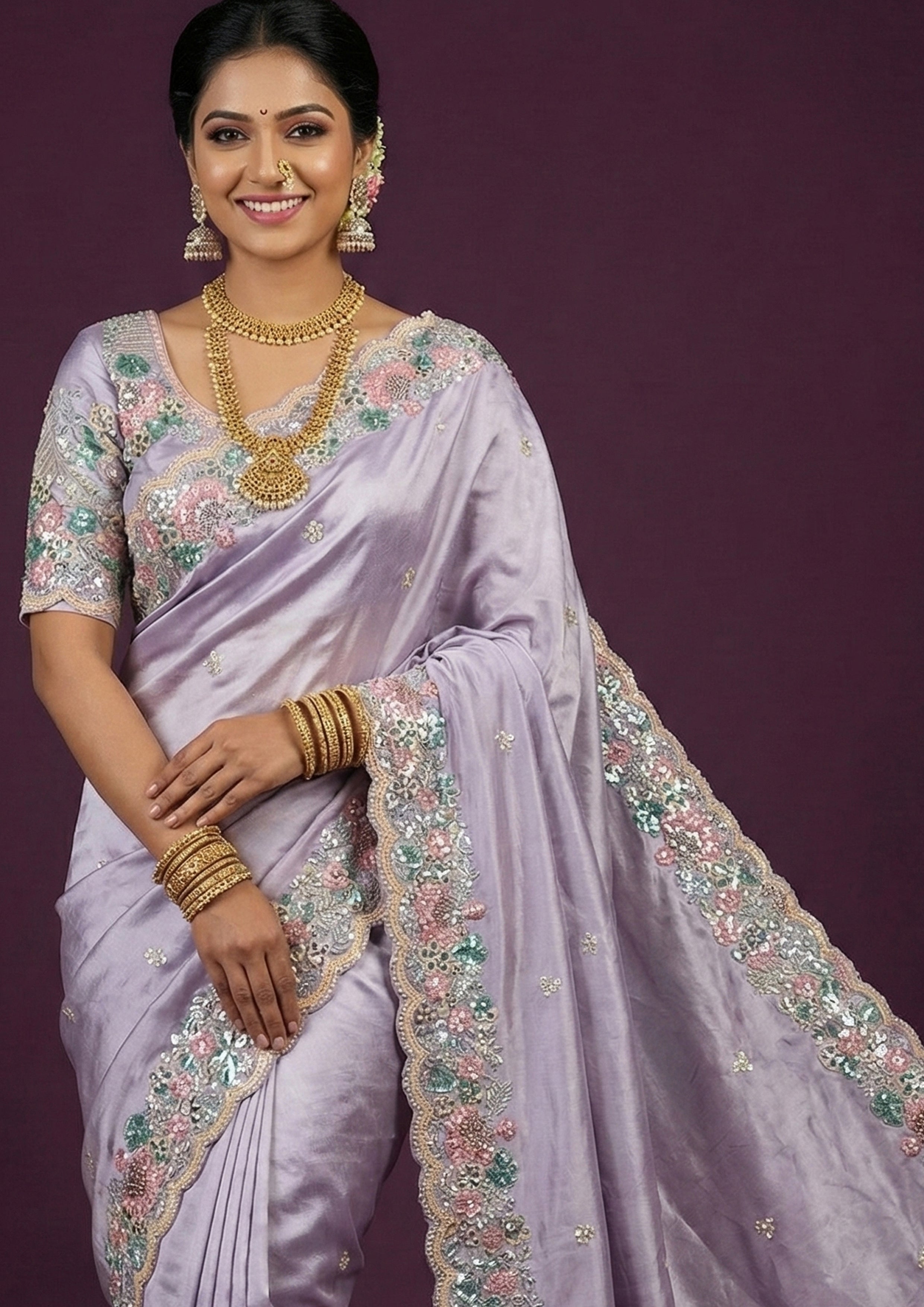 Pastel Lilac Embellished Tissue Silk Saree