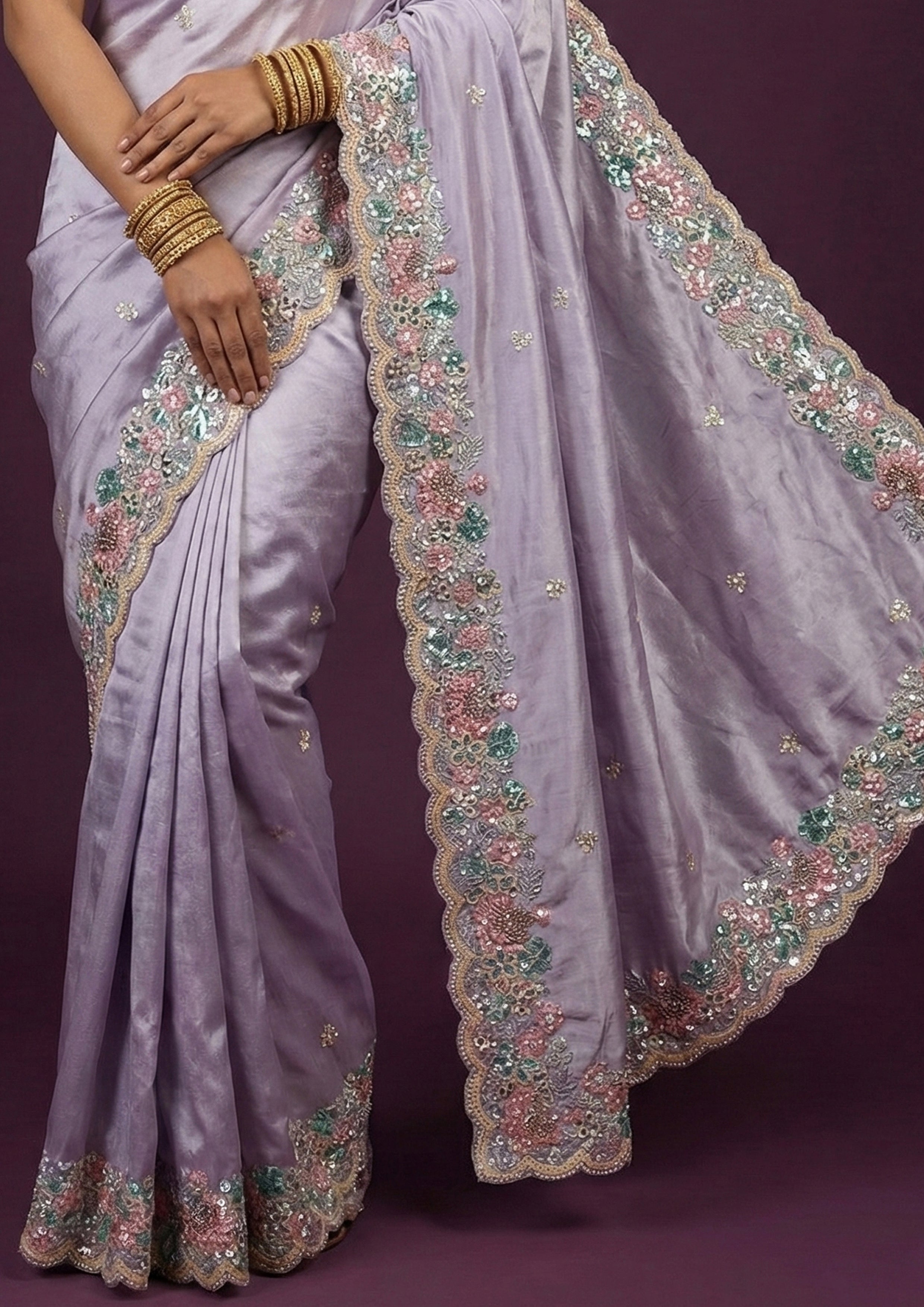 Pastel Lilac Embellished Tissue Silk Saree
