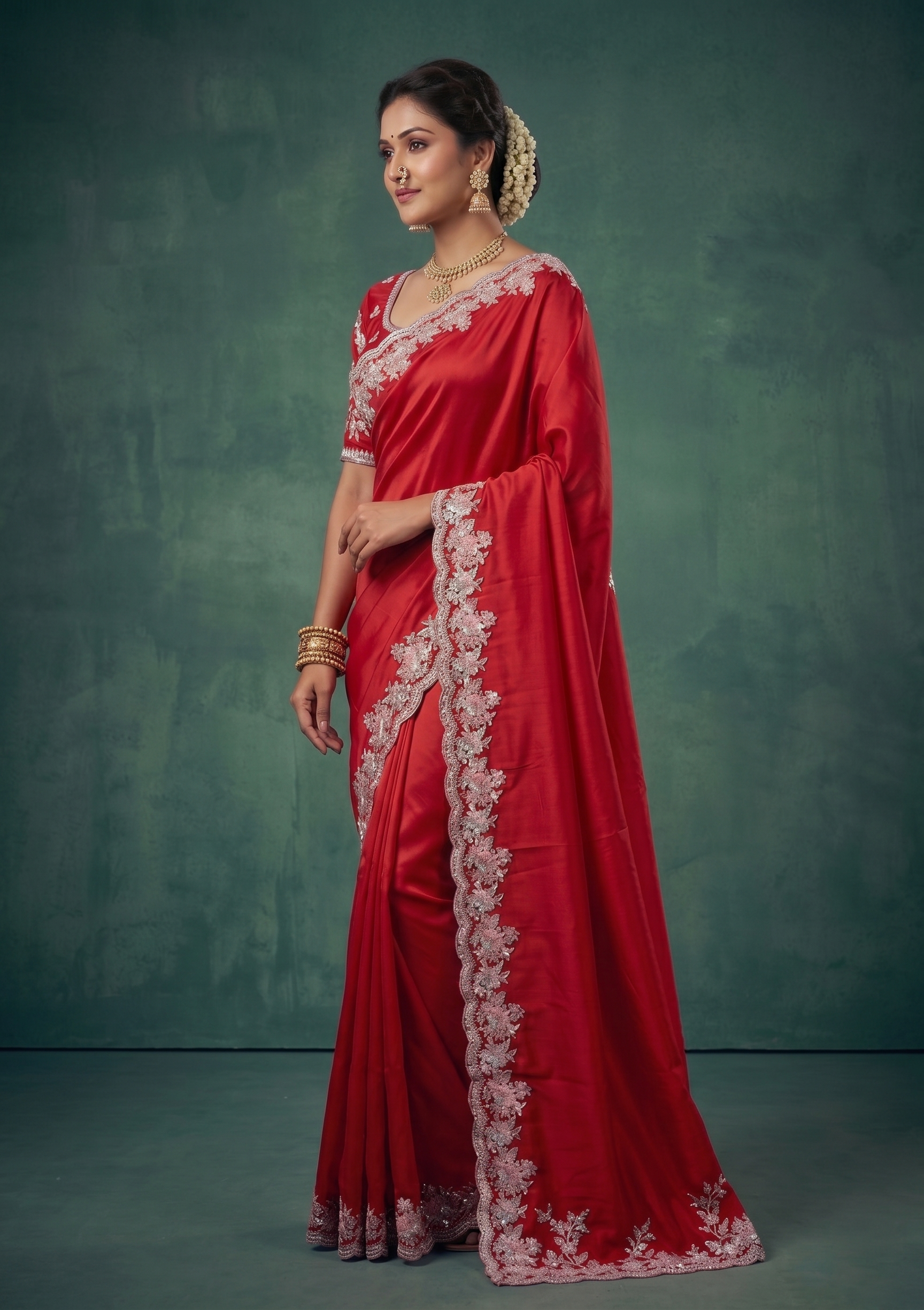 Scarlet Red Embellished Satin Silk Saree