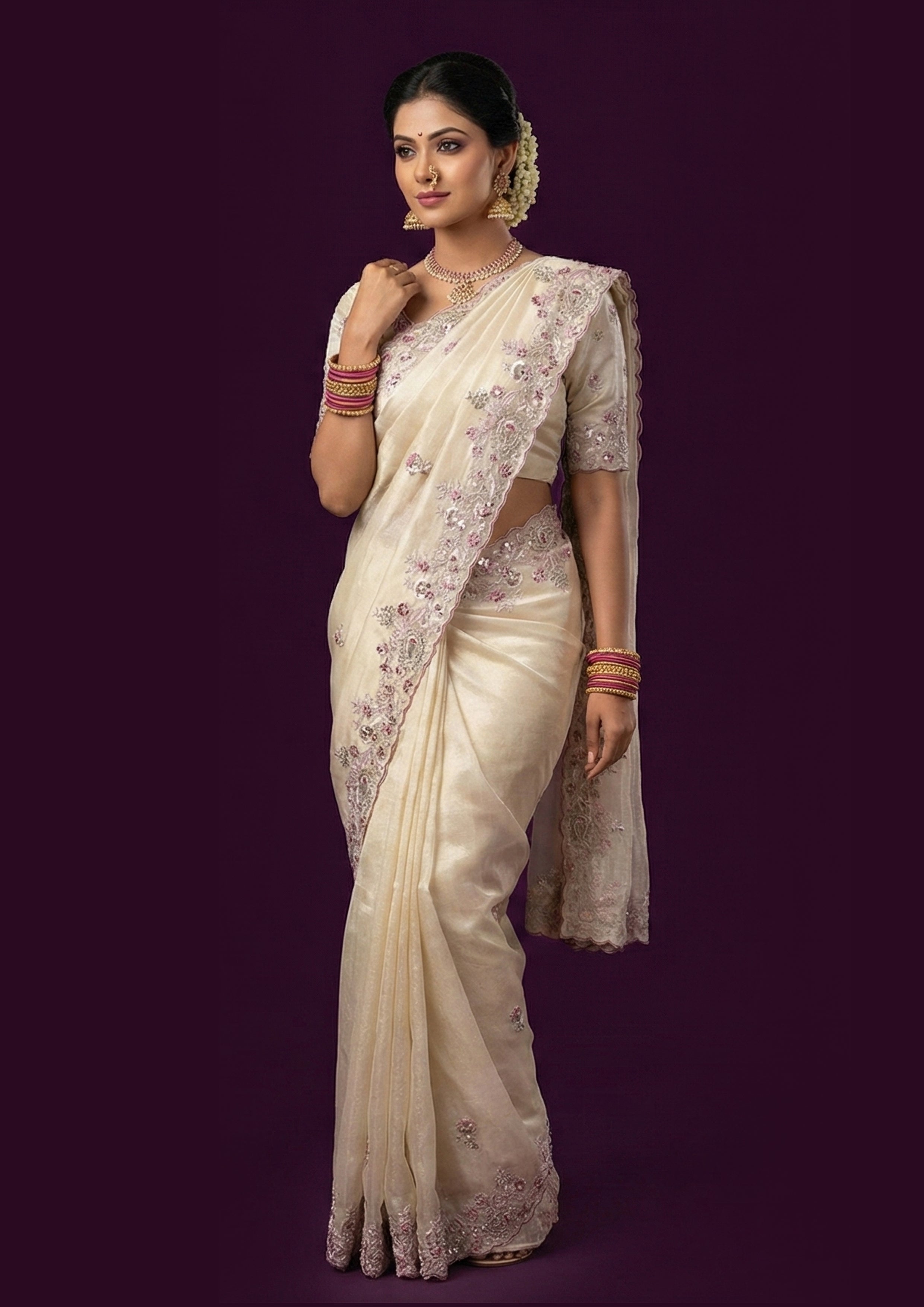 Soft Champagne Embellished Shimmer Tissue Silk Saree