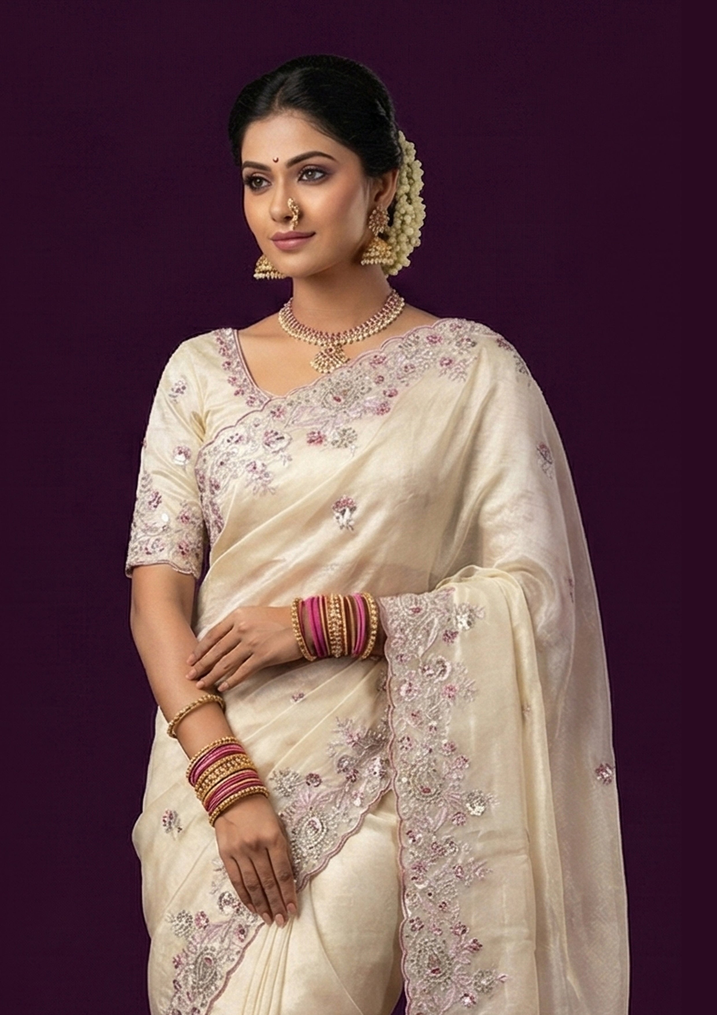 Soft Champagne Embellished Shimmer Tissue Silk Saree