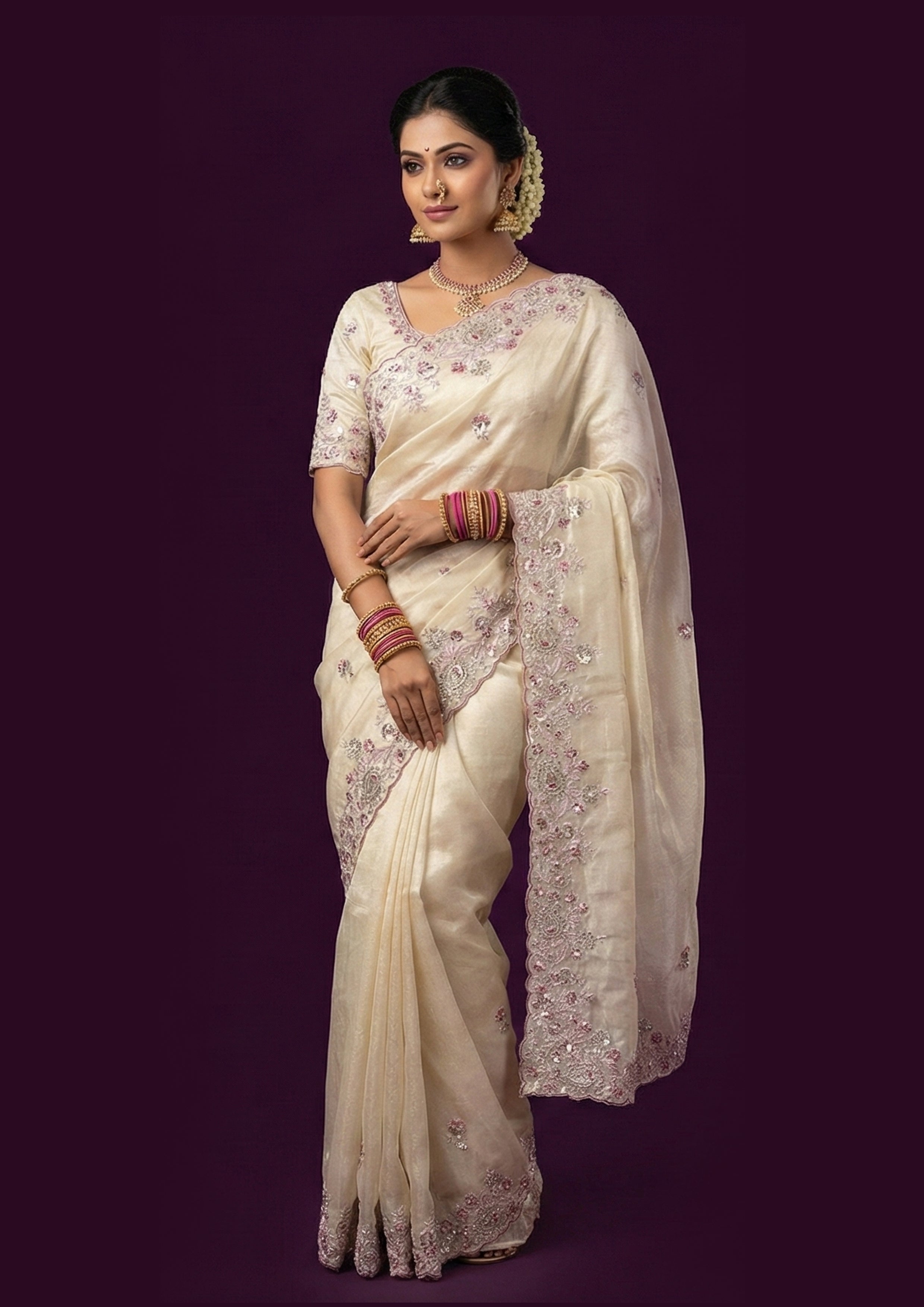 Soft Champagne Embellished Shimmer Tissue Silk Saree