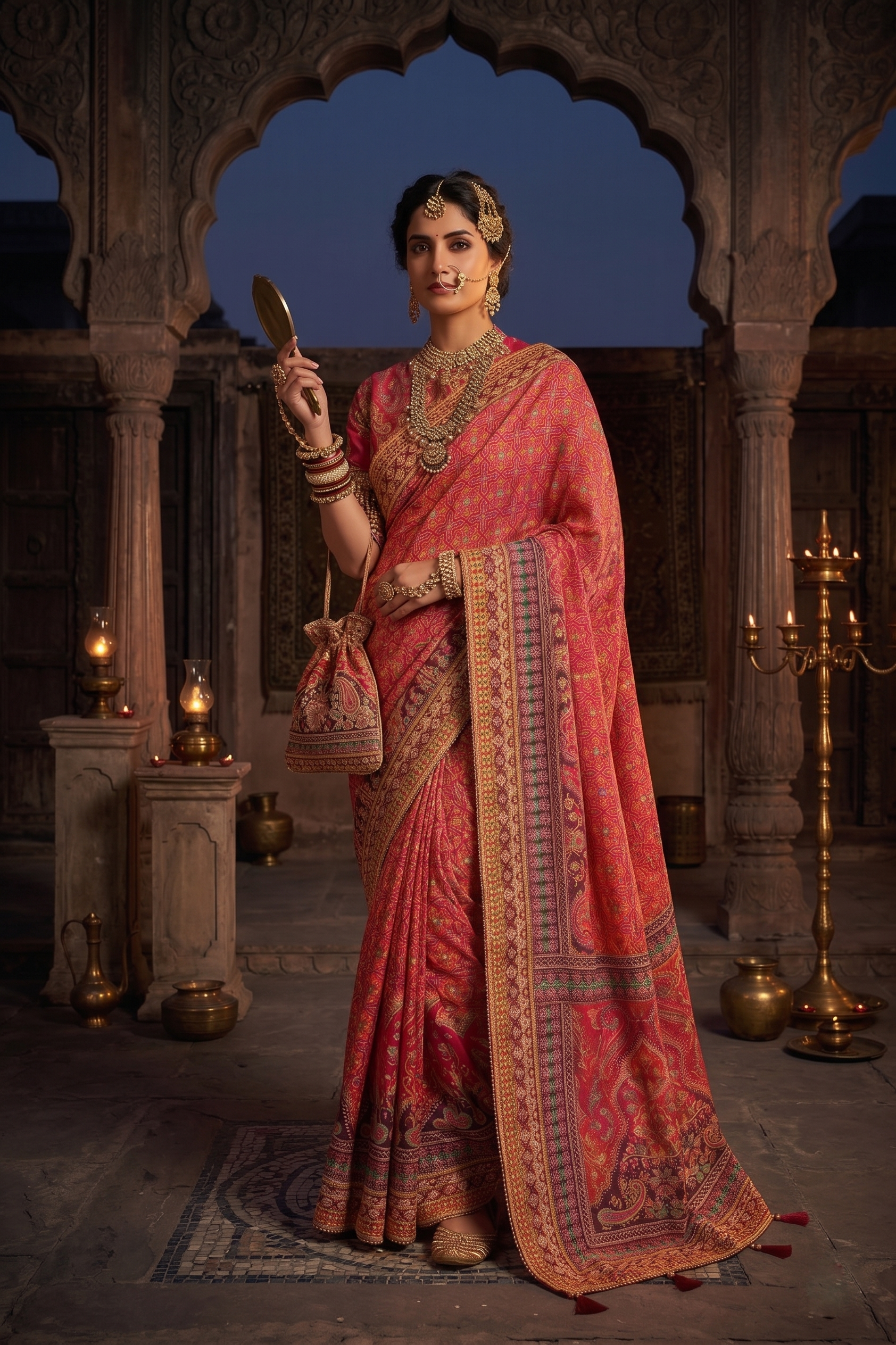 Pink Geometric Printed Crepe Silk Saree