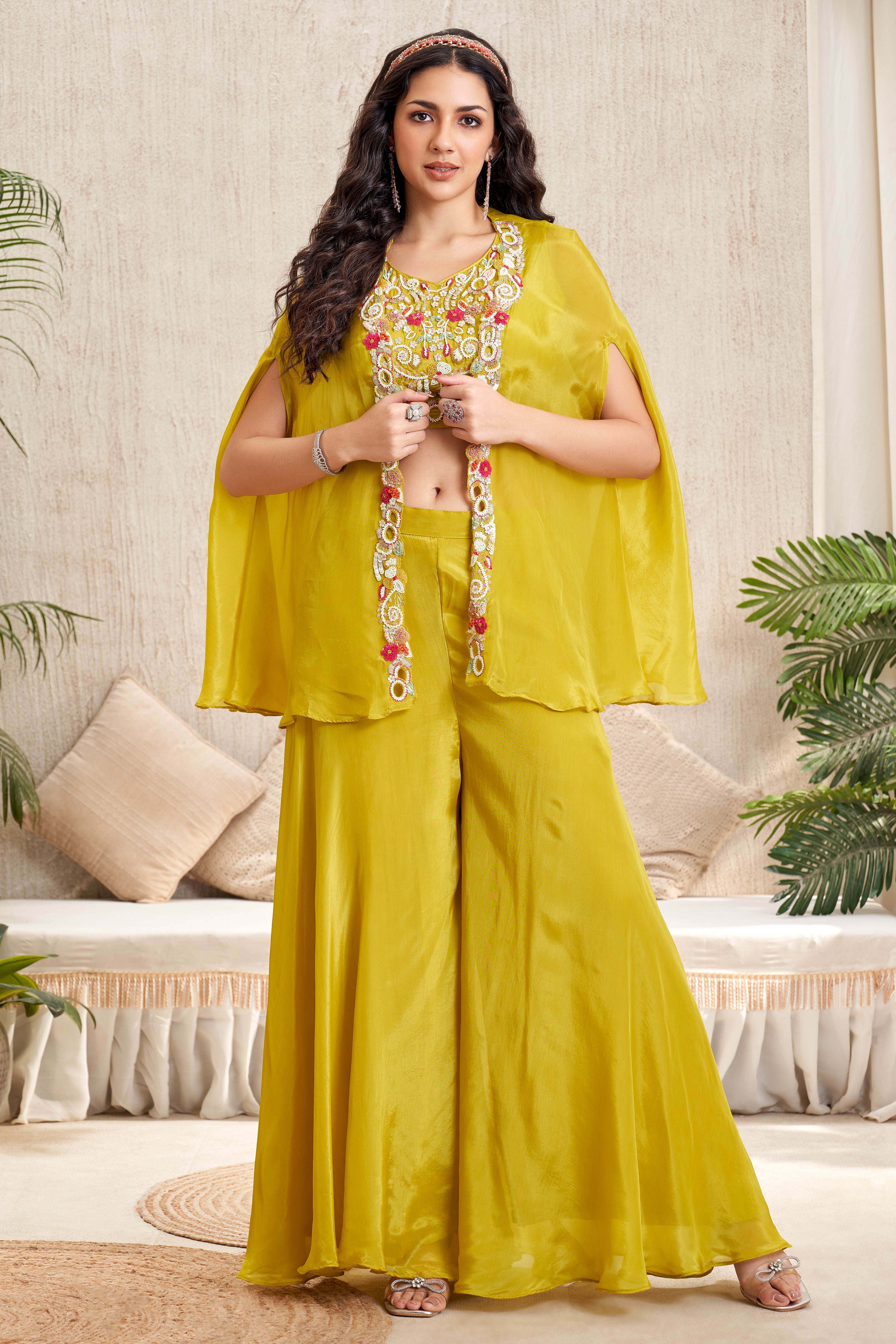 Bright Yellow Embellished Crepe Silk Cape Set