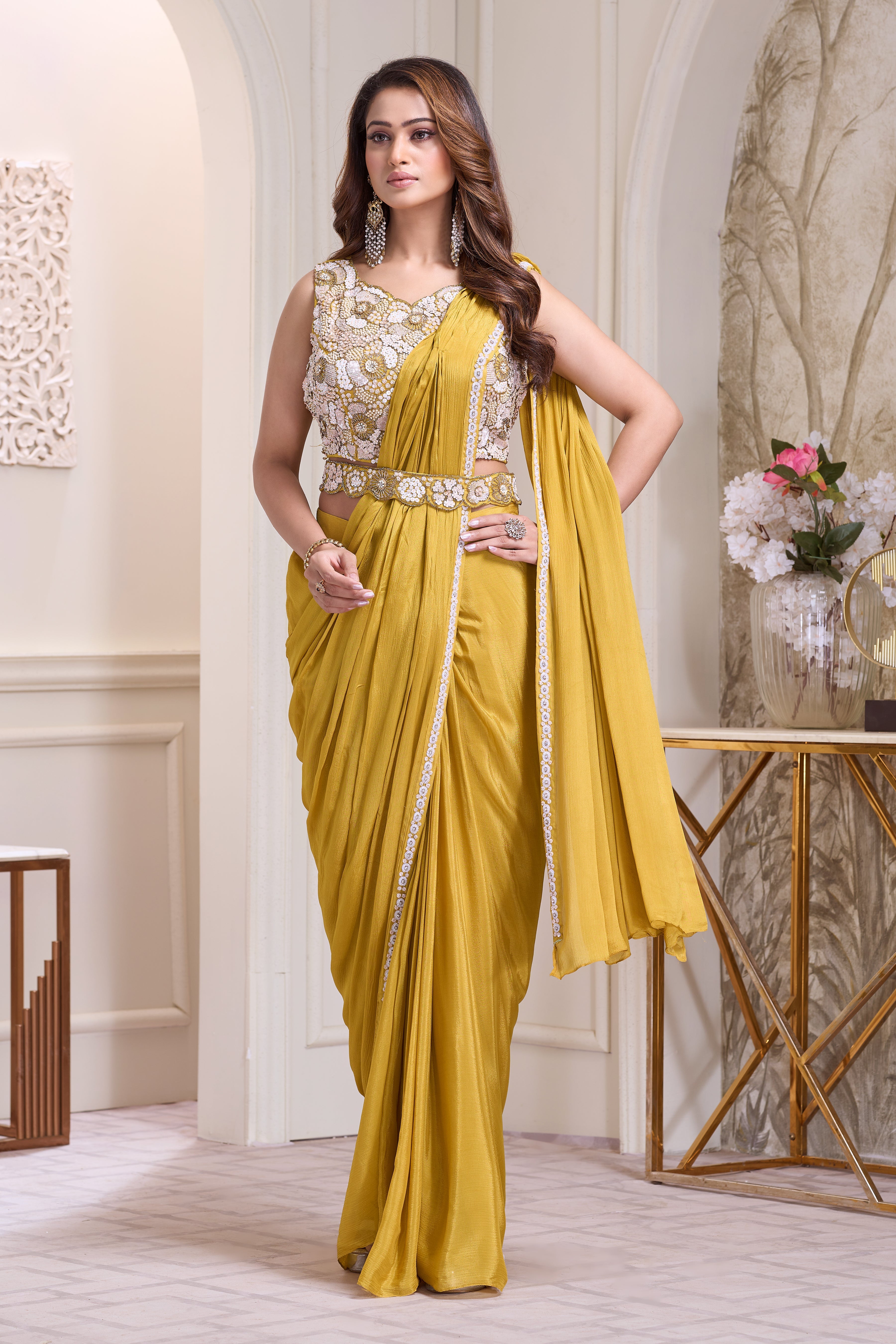 Vibrant Marigold Embellished Chinon Silk Drape Saree