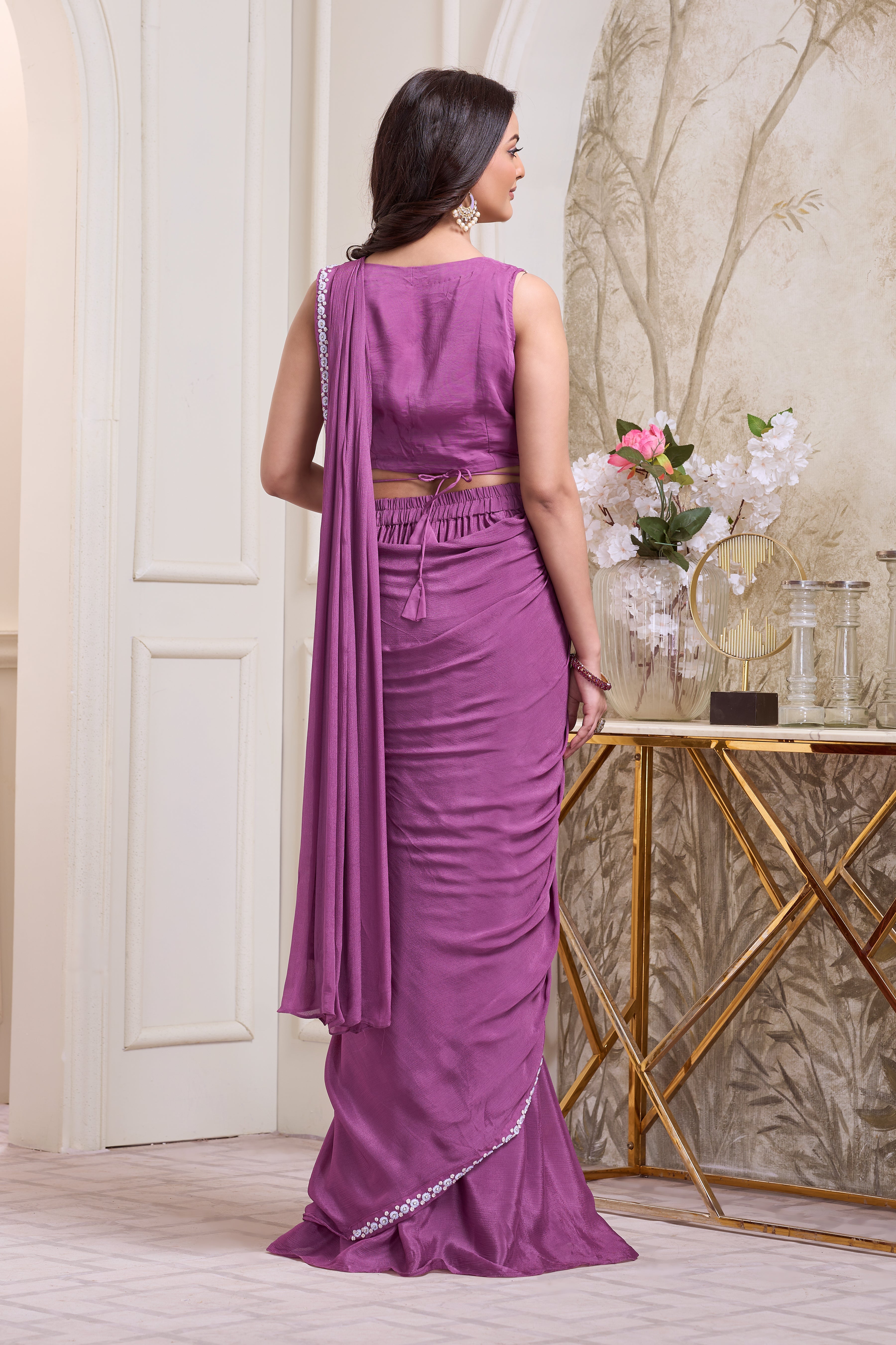 Orchid Purple Embellished Chinon Silk Drape Saree