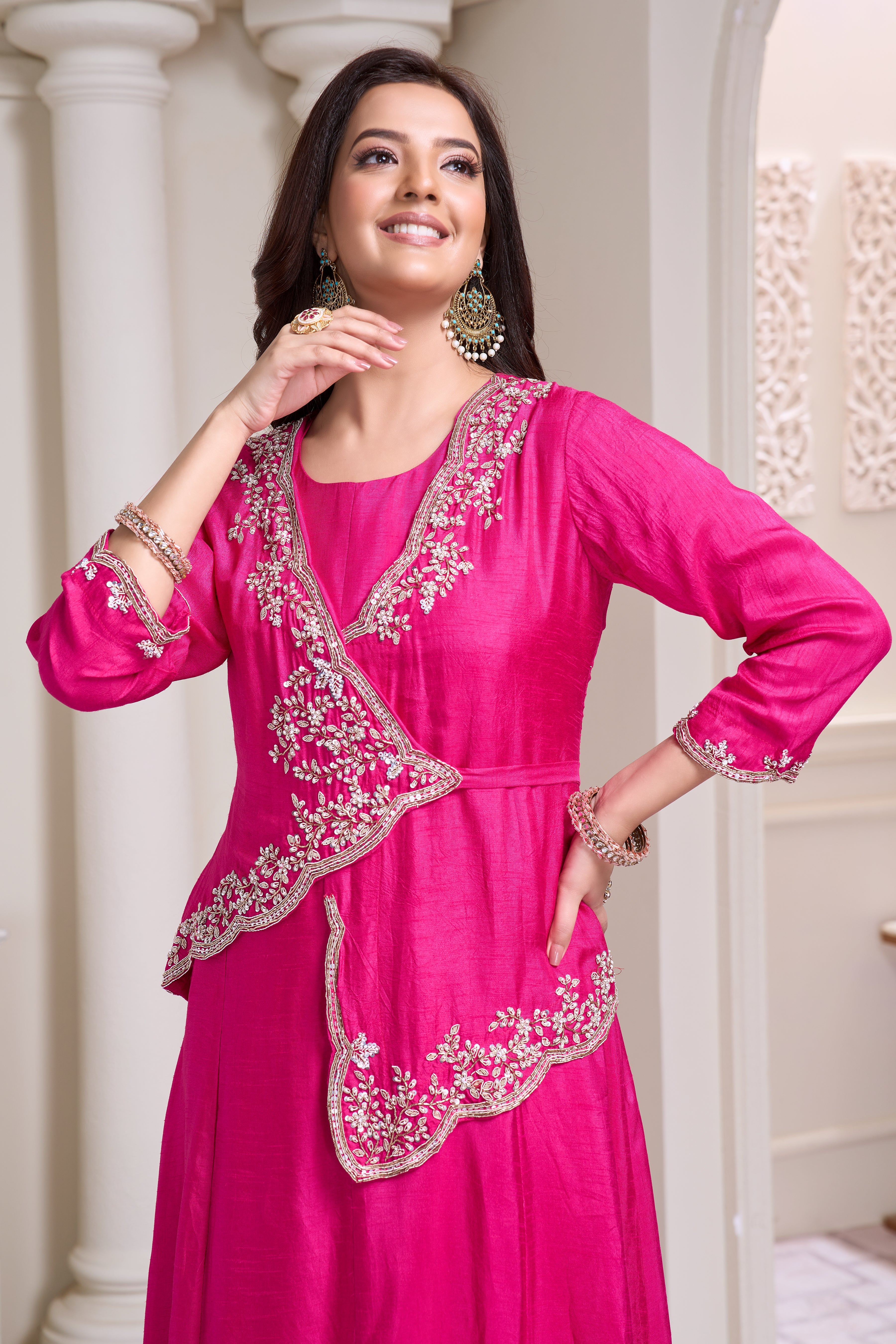 Hot Pink Embellished Raw Silk Gown