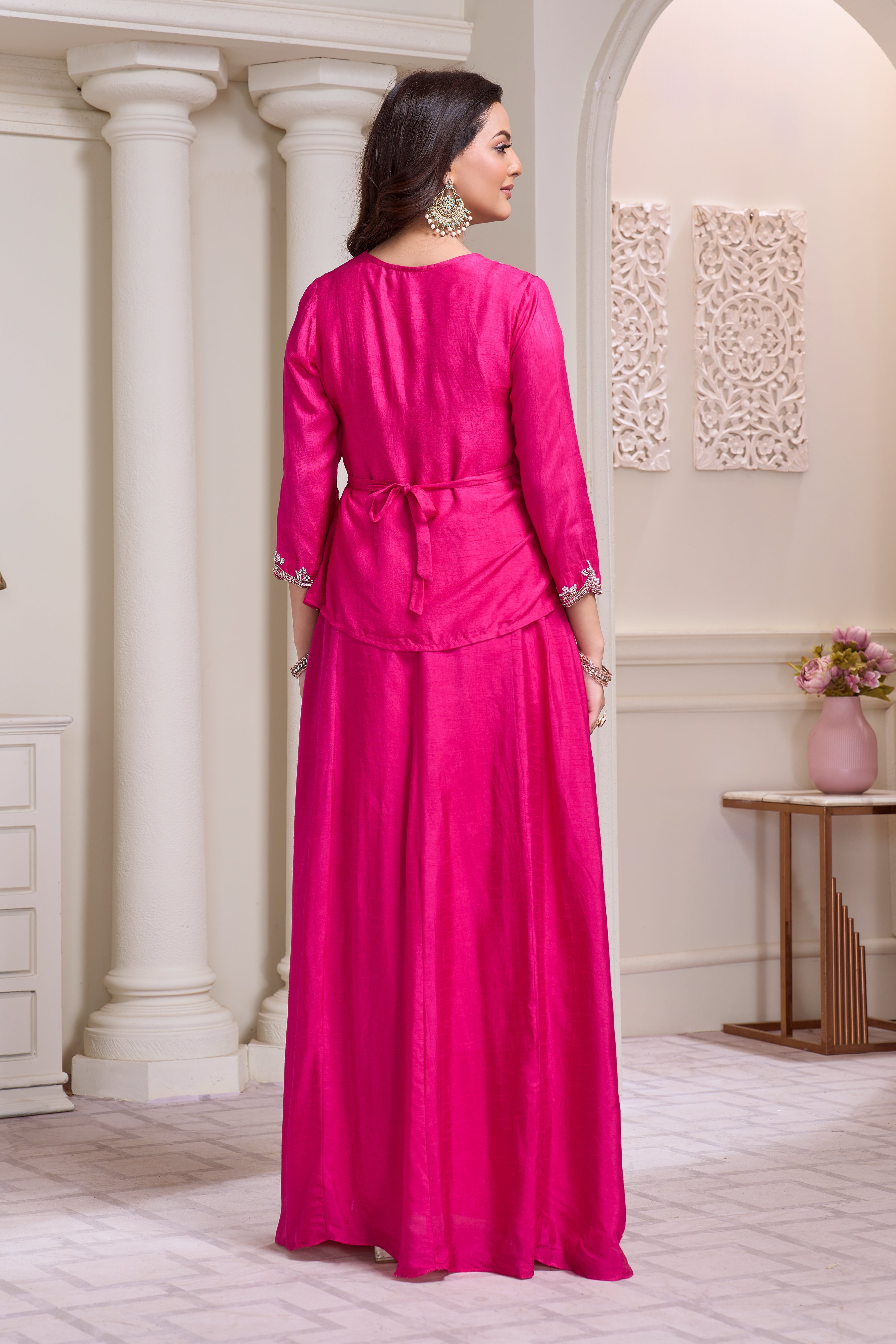Hot Pink Embellished Raw Silk Gown
