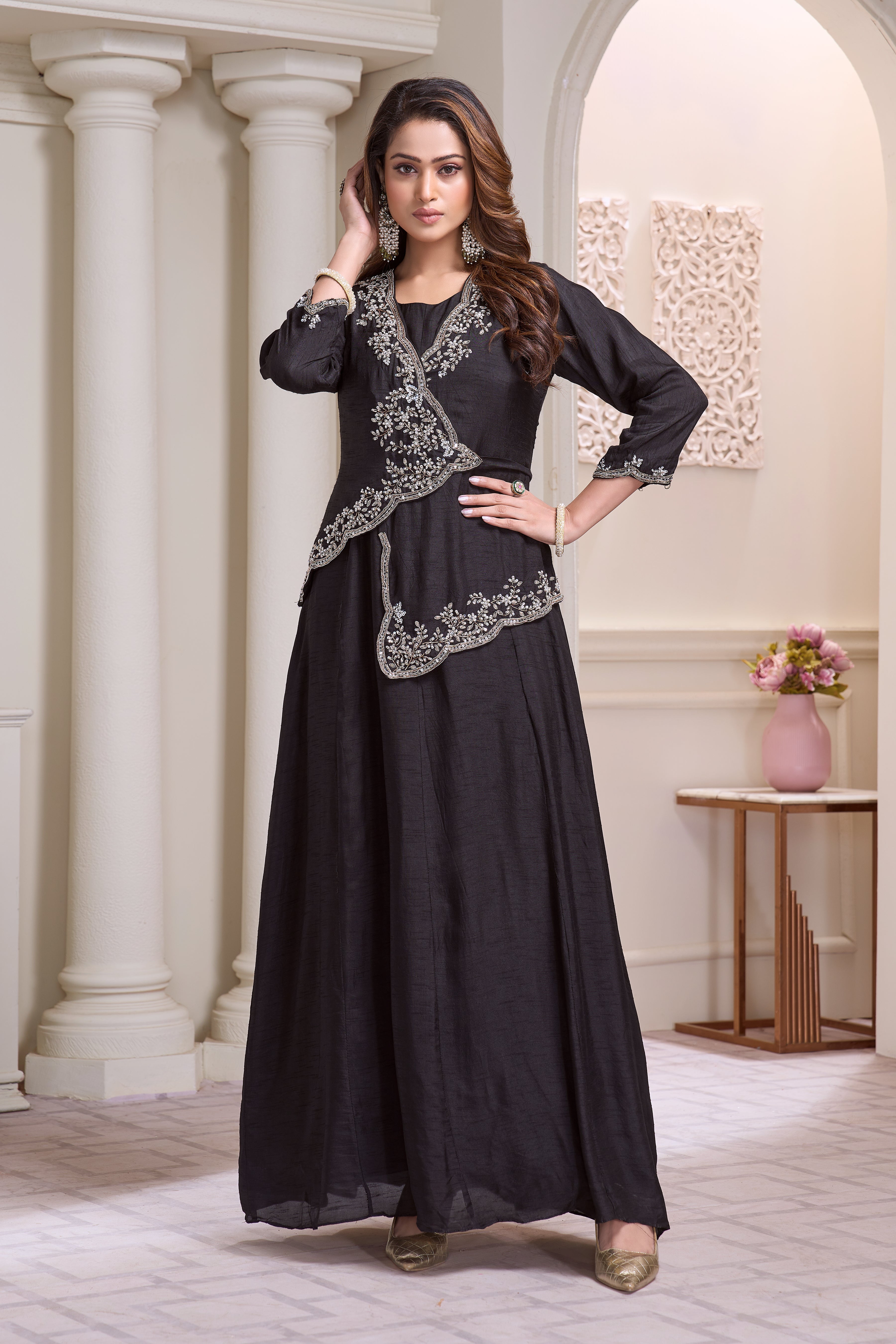 Twilight Black Embellished Raw Silk Gown