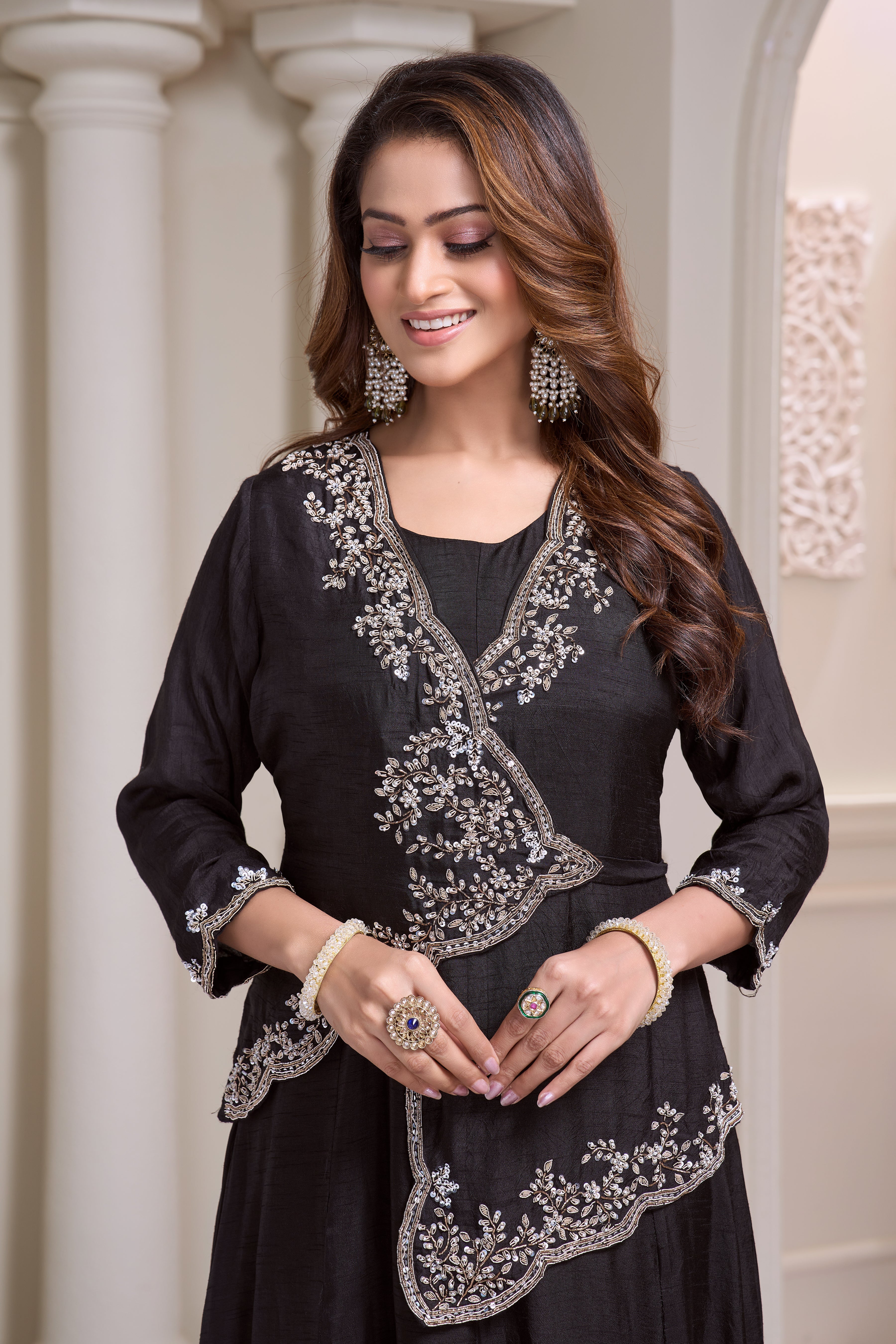 Twilight Black Embellished Raw Silk Gown