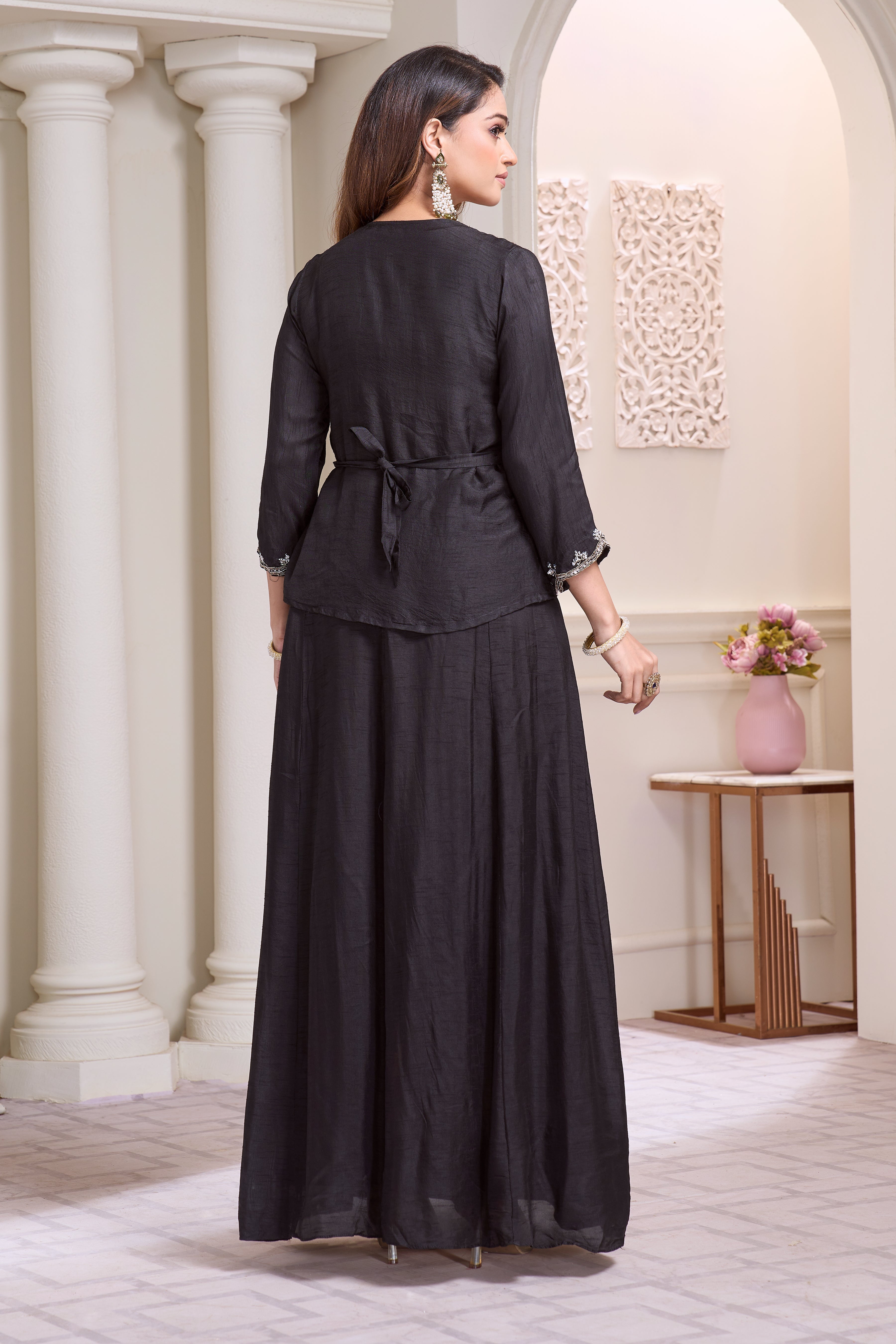 Twilight Black Embellished Raw Silk Gown