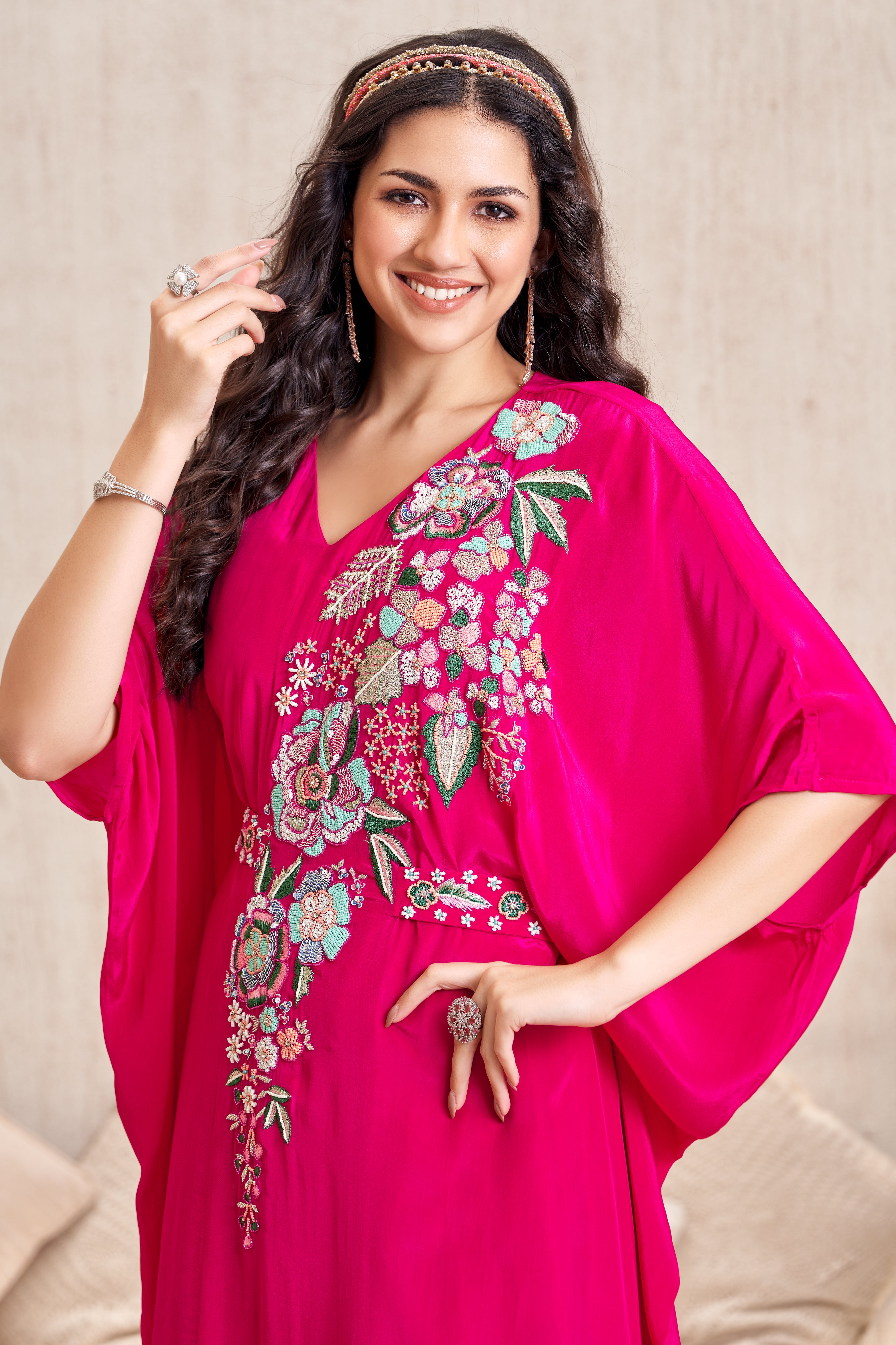 Vibrant Fuchsia Embellished Chinon Silk Kaftan Set
