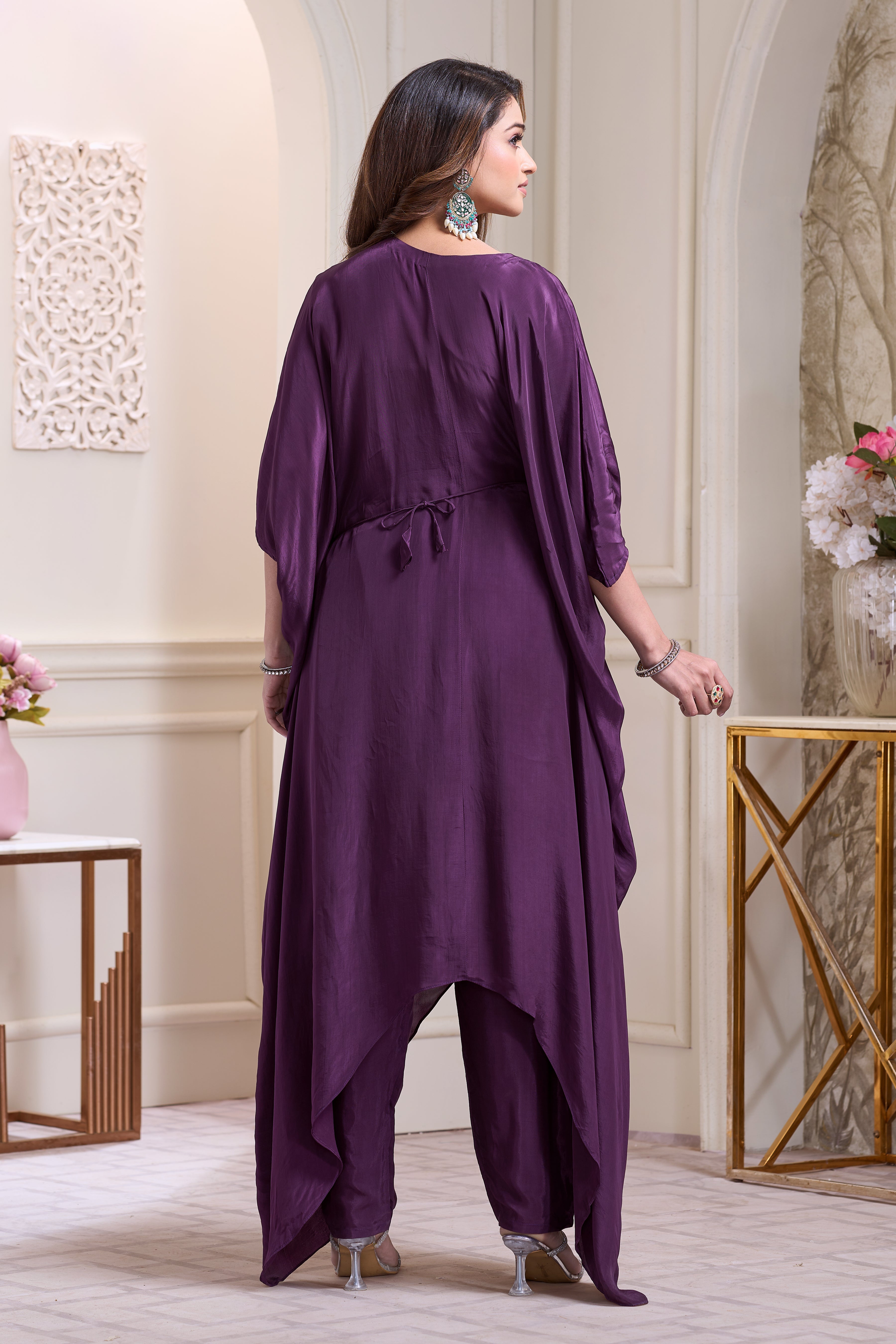 Majestic Purple Embellished Chinon Silk Kaftan Set
