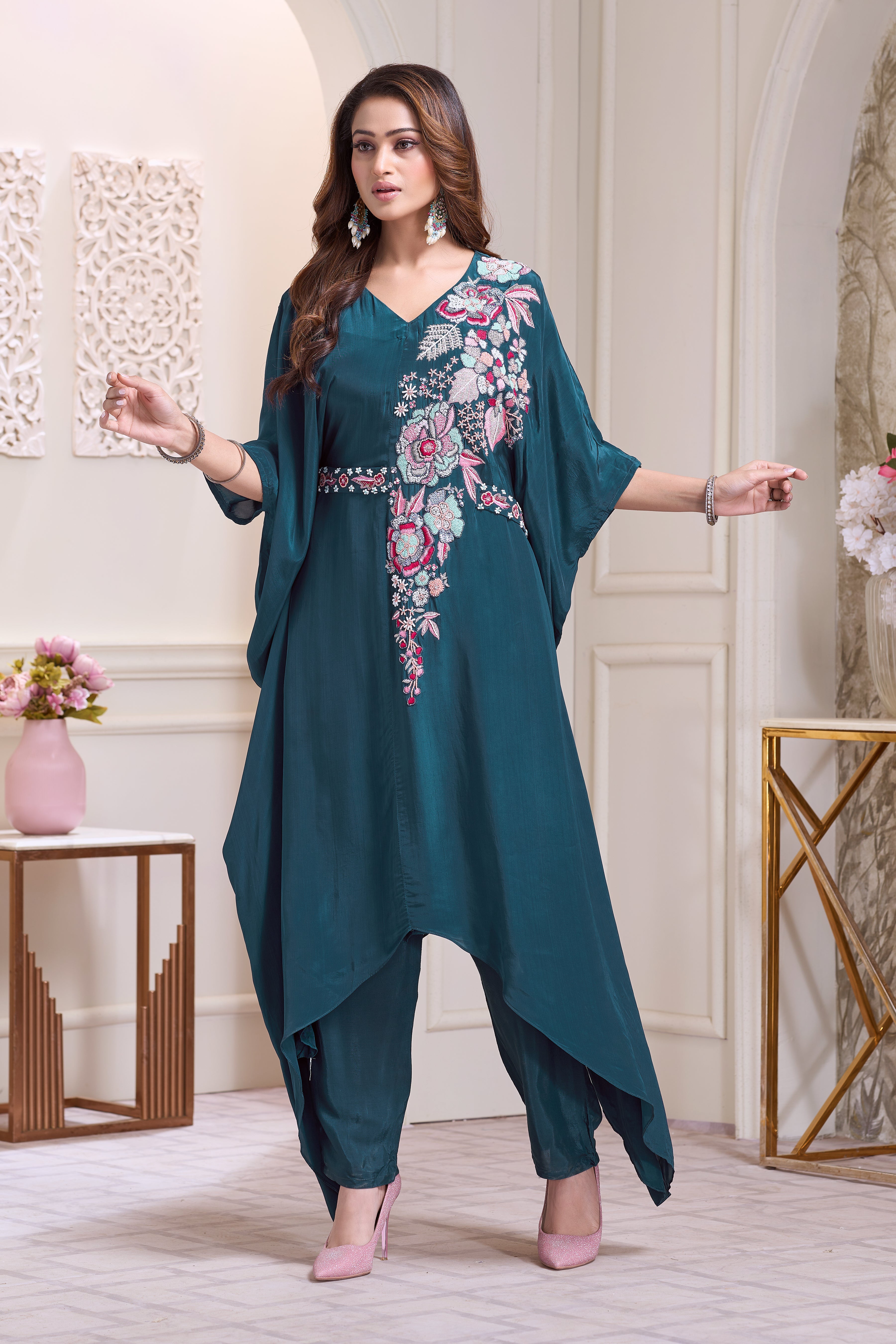 Aqua Teal Embellished Chinon Silk Kaftan Set