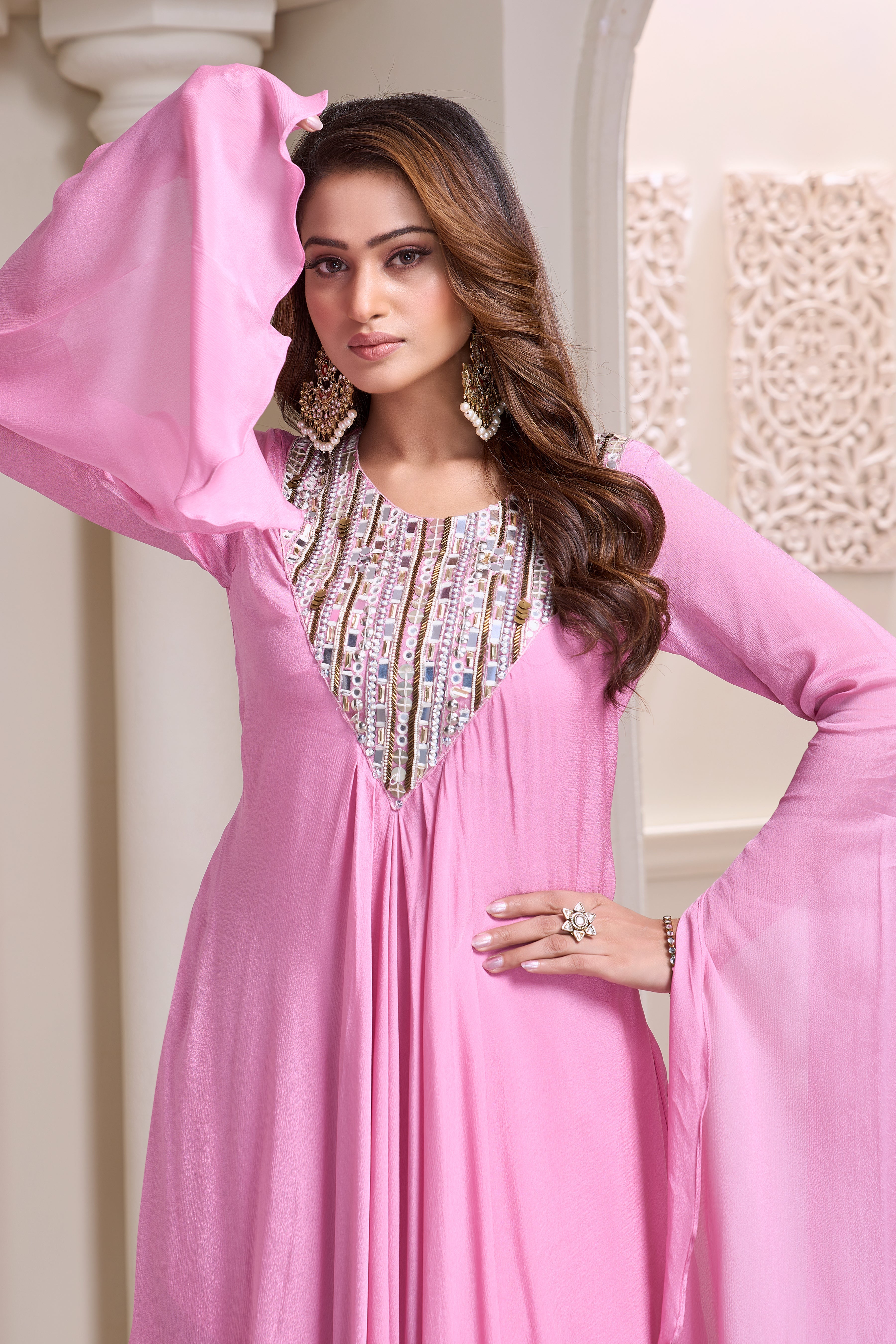 Pastel Pink Embellished Chinon Silk Drape Skirt Set