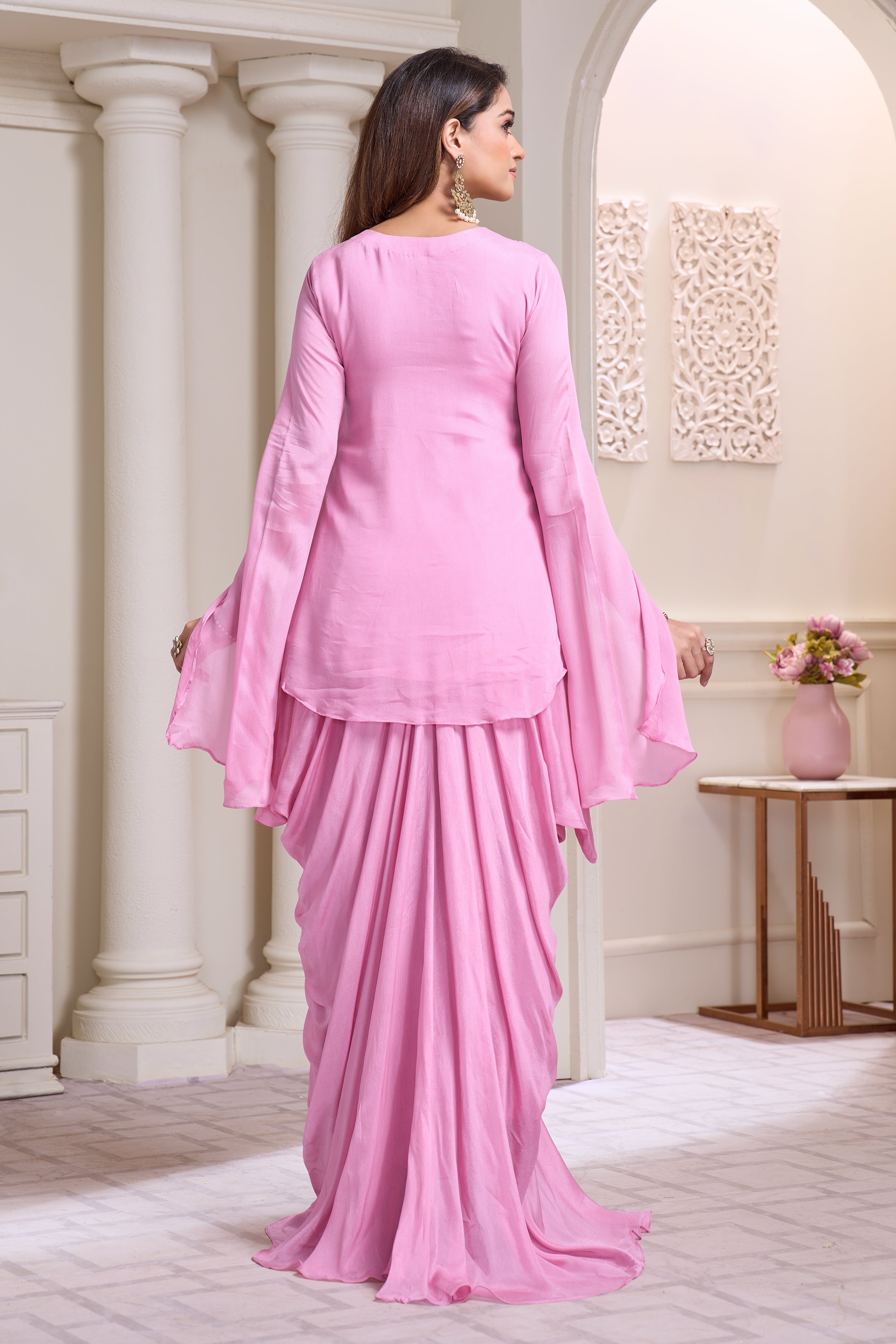 Pastel Pink Embellished Chinon Silk Drape Skirt Set