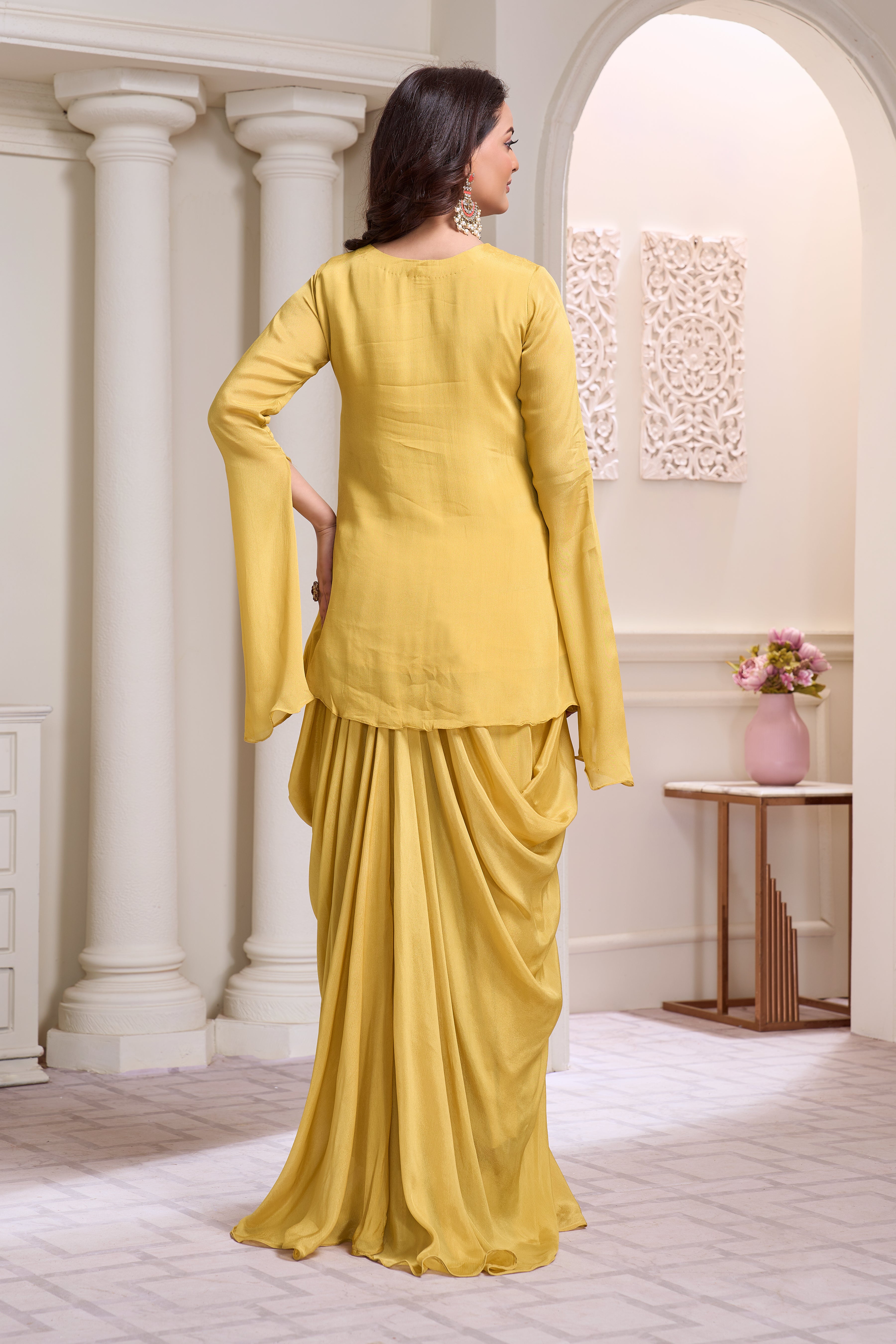 Pastel Yellow Embellished Chinon Silk Drape Skirt Set