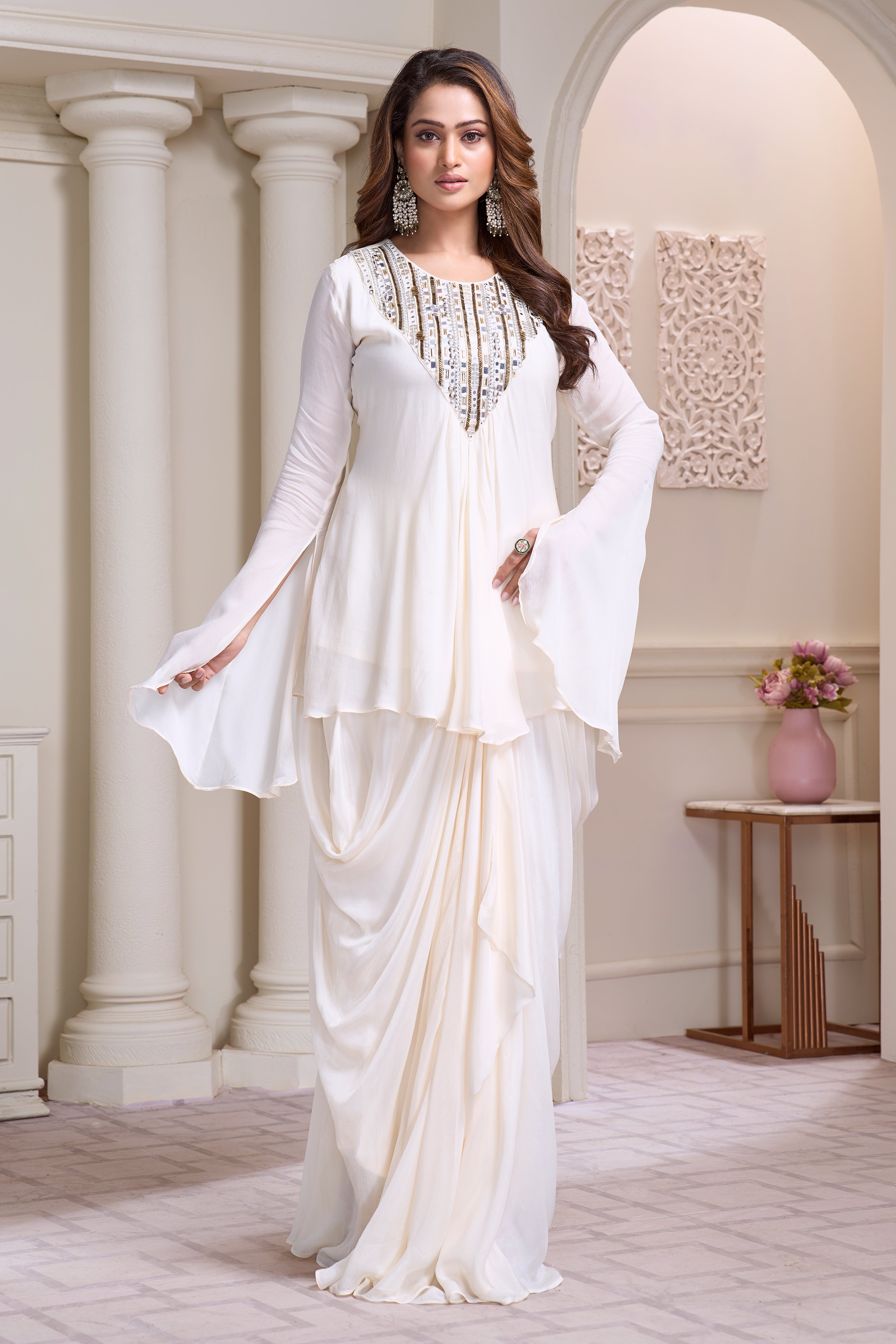 Classic White Embellished Chinon Silk Drape Skirt Set