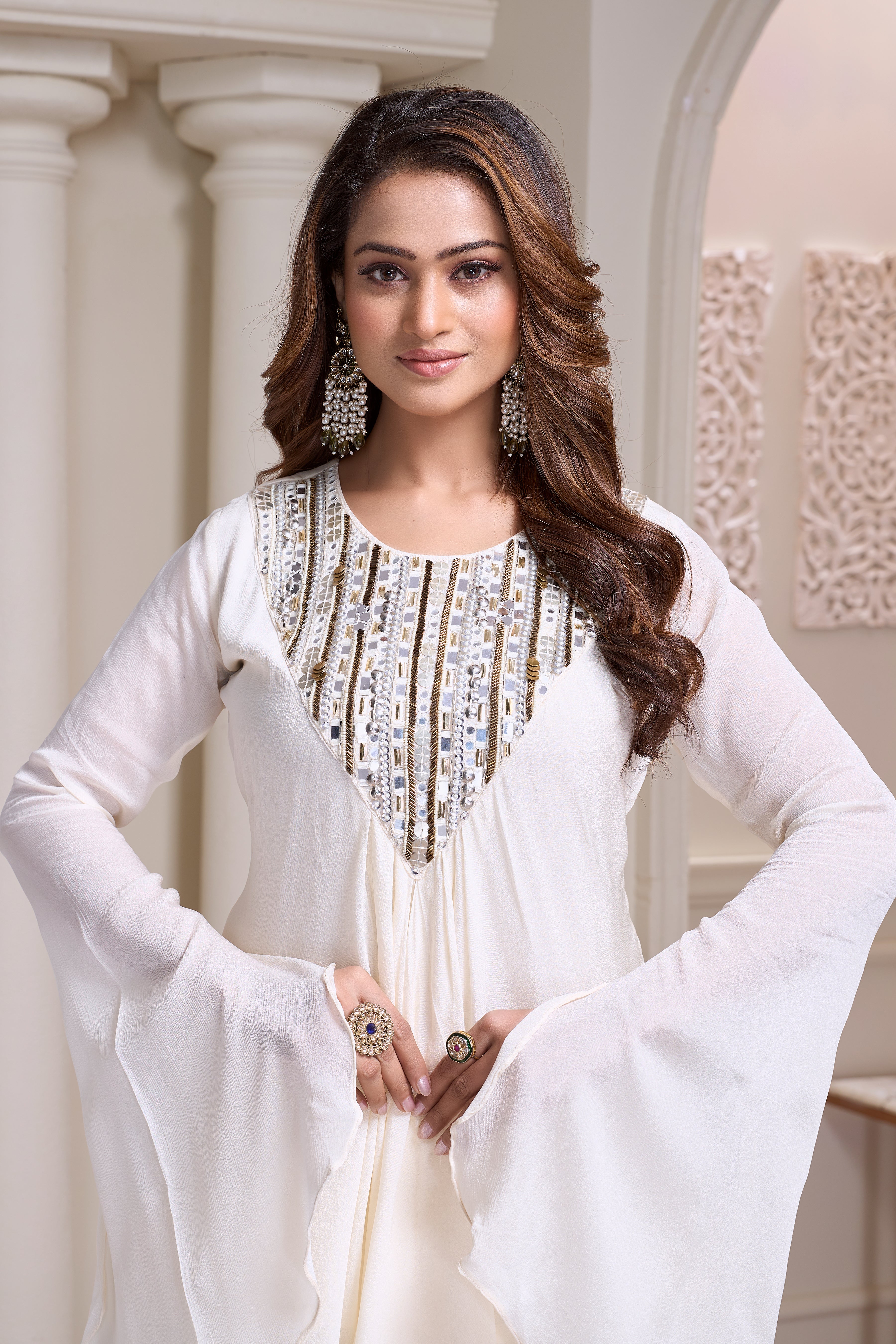 Classic White Embellished Chinon Silk Drape Skirt Set