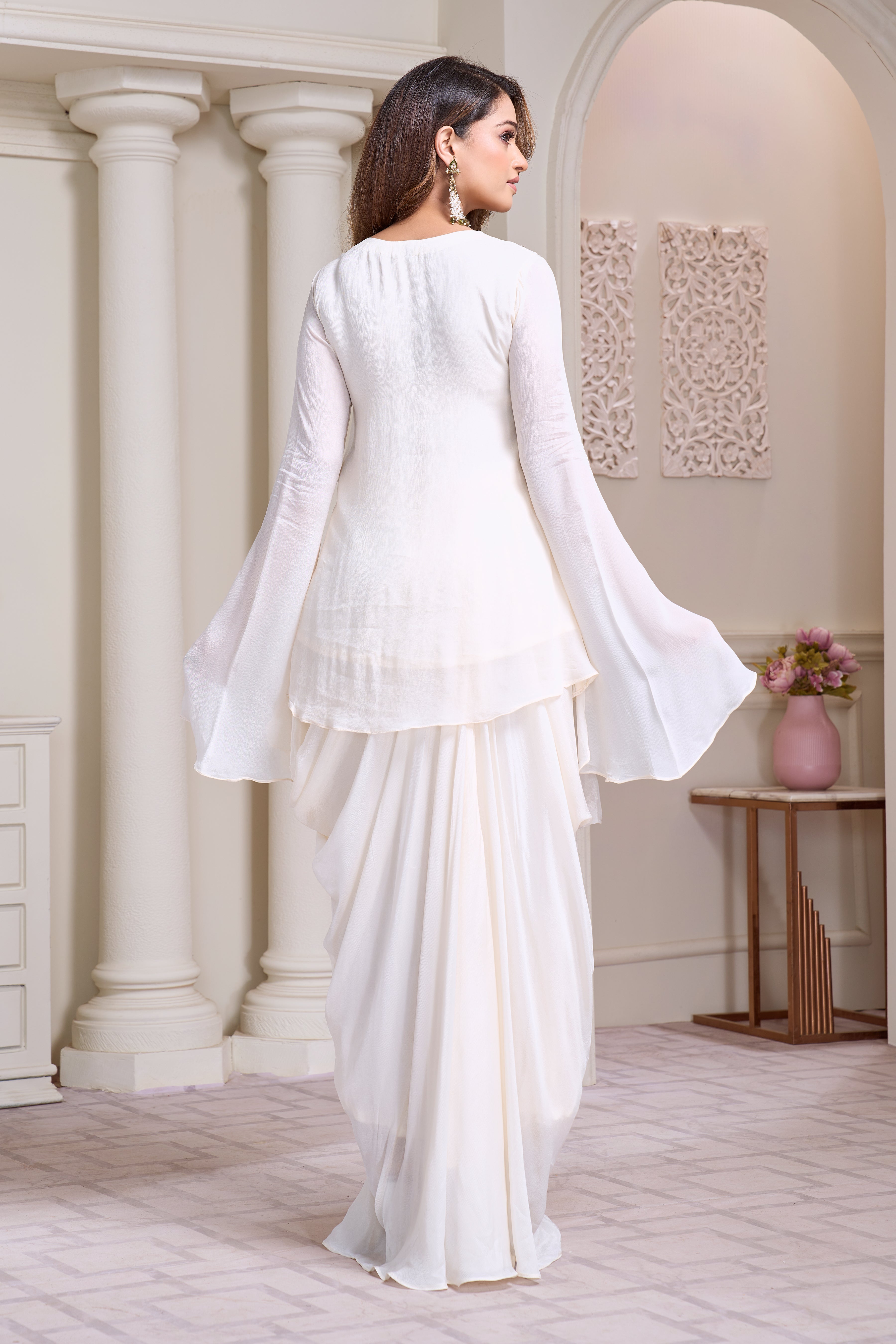 Classic White Embellished Chinon Silk Drape Skirt Set