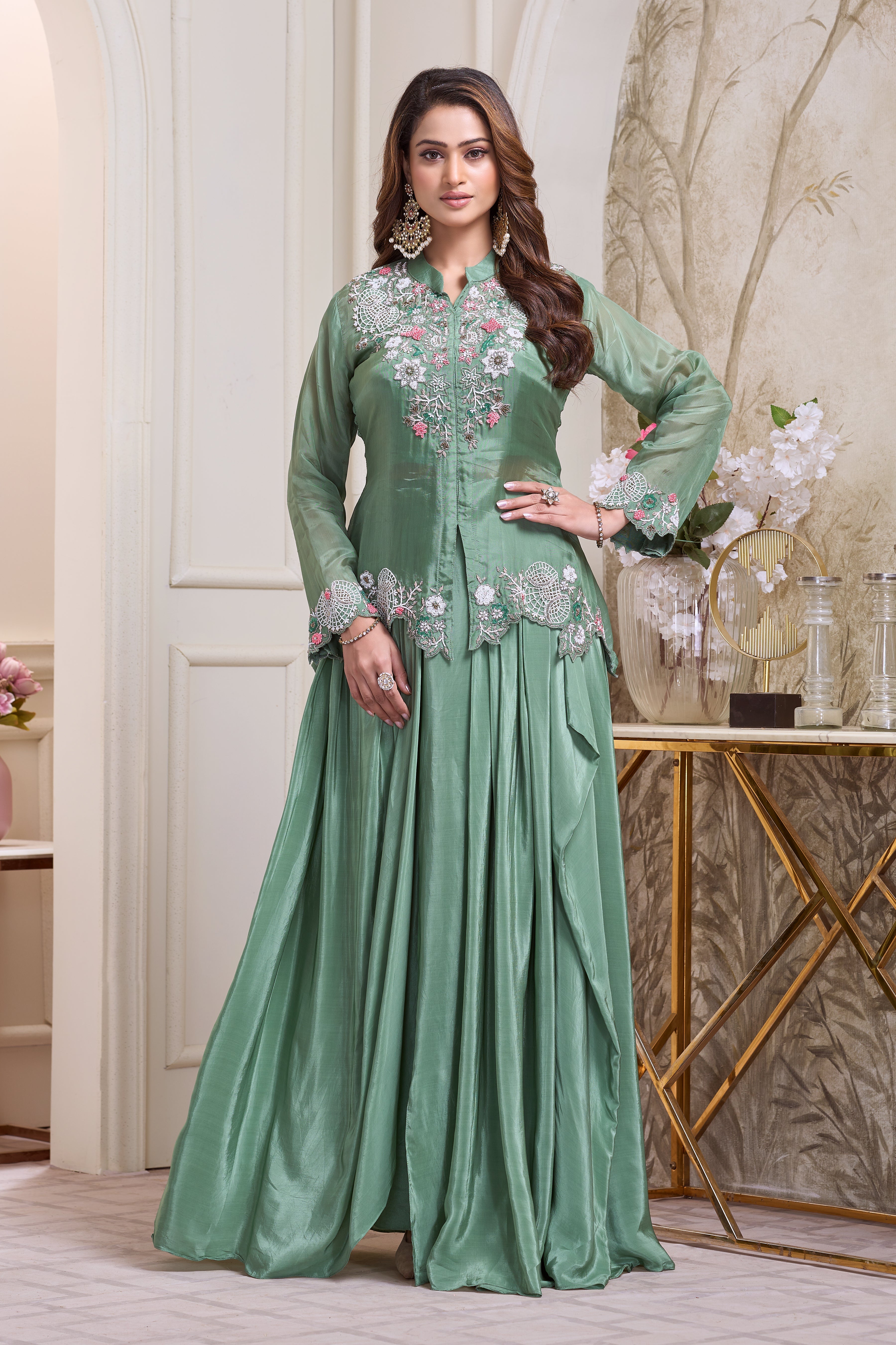 Sage Green Embellished Crepe Silk Skirt Set