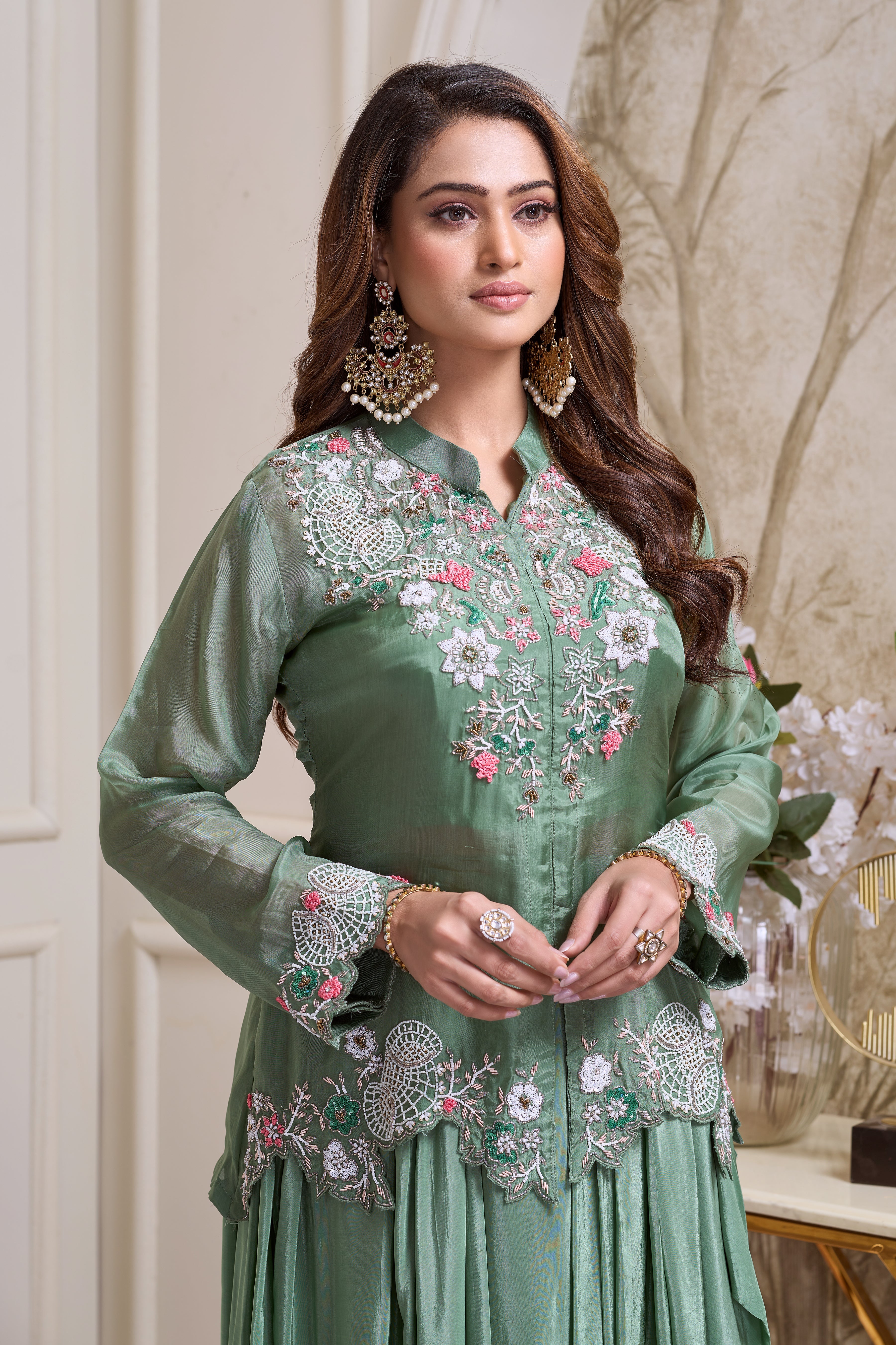 Sage Green Embellished Crepe Silk Skirt Set