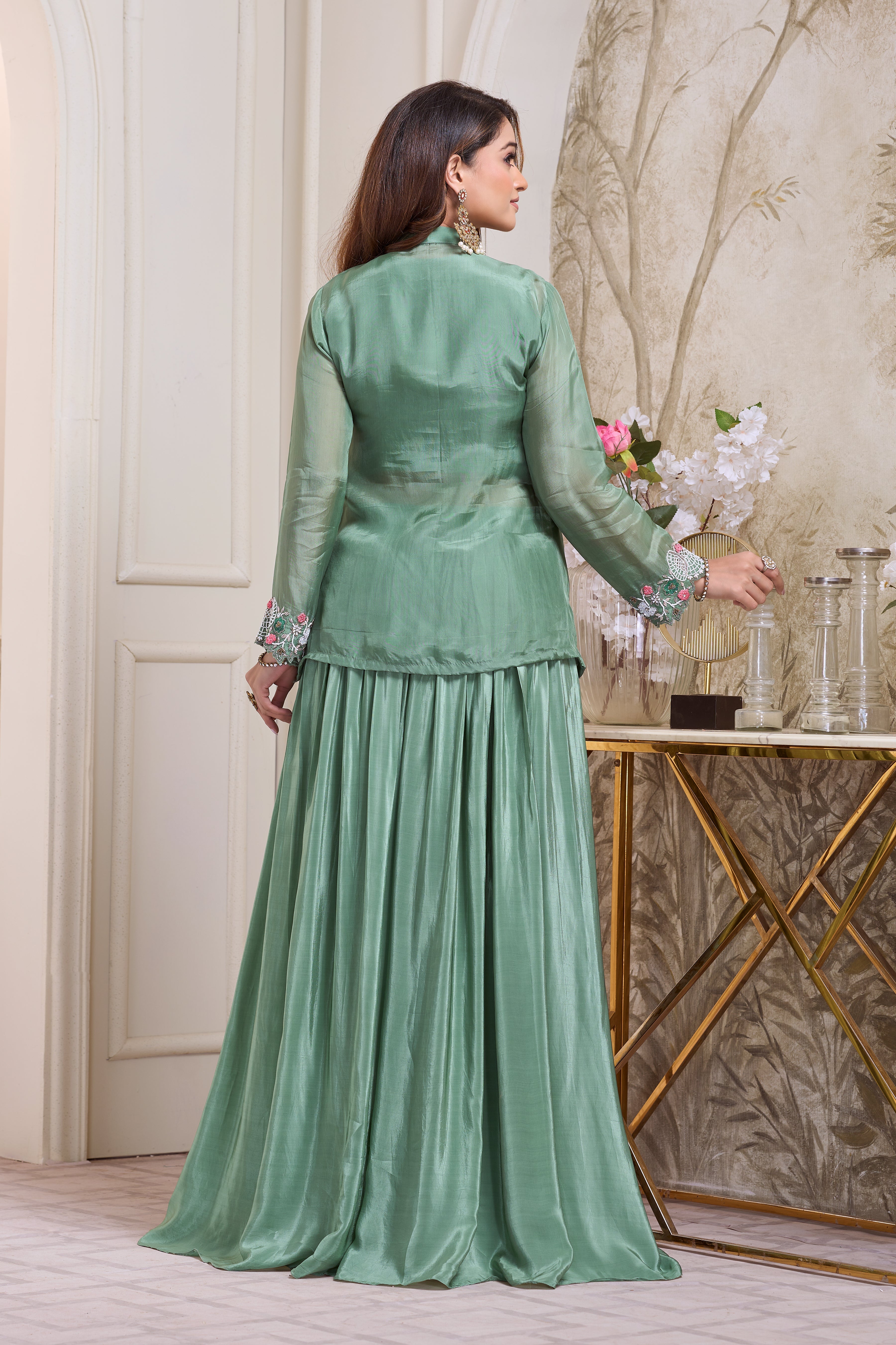 Sage Green Embellished Crepe Silk Skirt Set